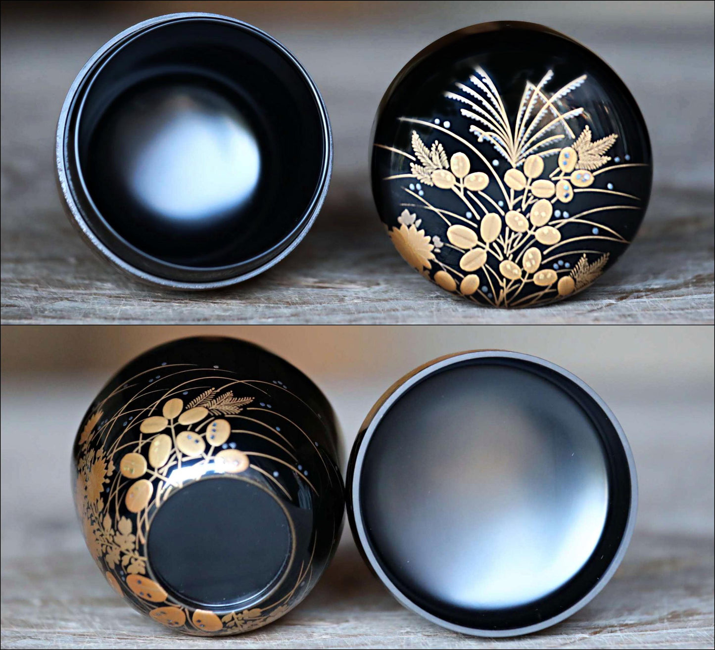 FINE! Japanese vintage "matcha" green tea caddy with golden Autumn flowers Wajima Makie, "棗 natsume", for tea ceremony H2.8in/H7cm