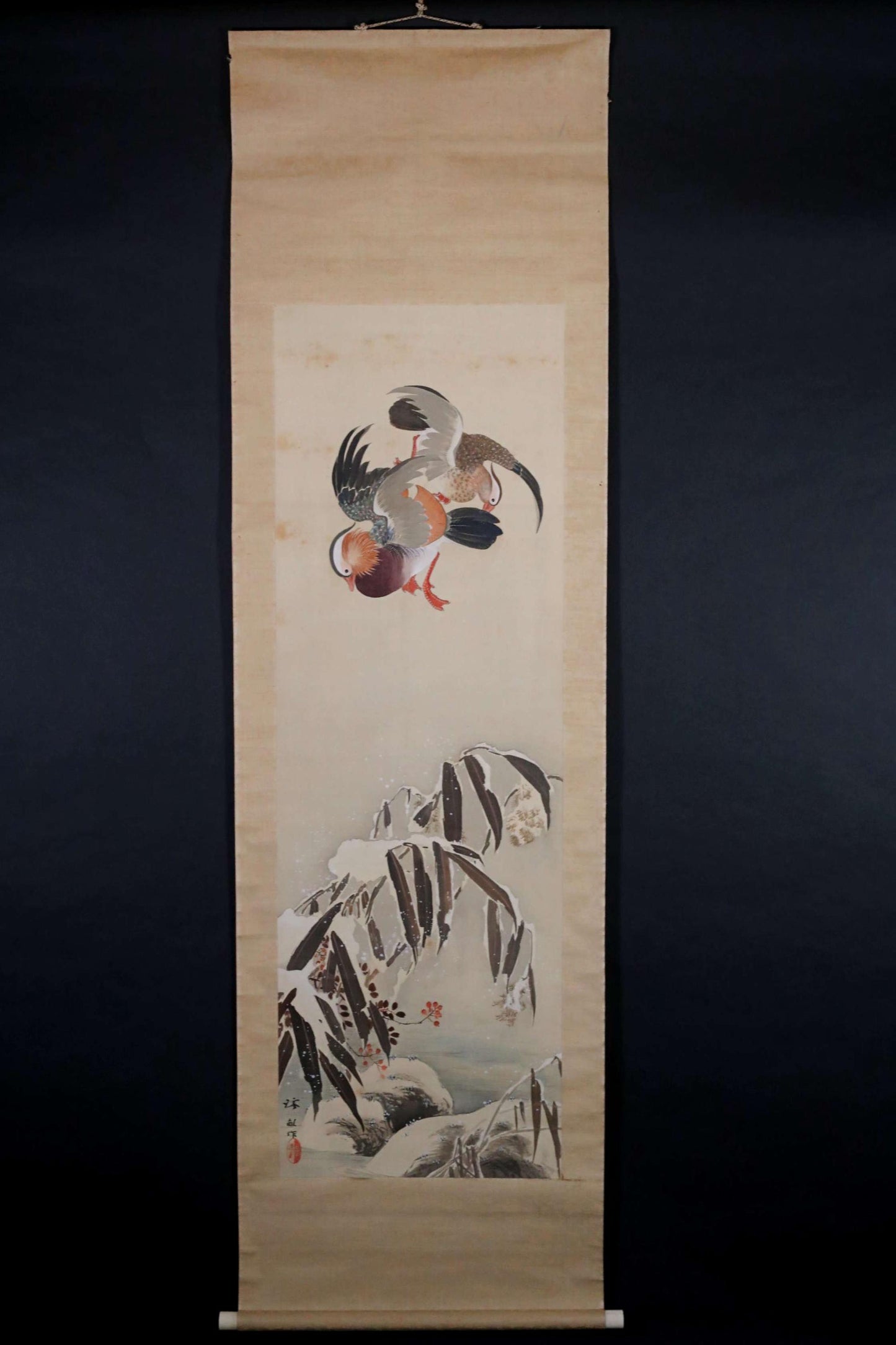 FINE! Japanese antique 1930s hanging scroll of water color painting by Keiho, pair of mandarin ducks bamboo leaves with sign H73.6in/H187cm