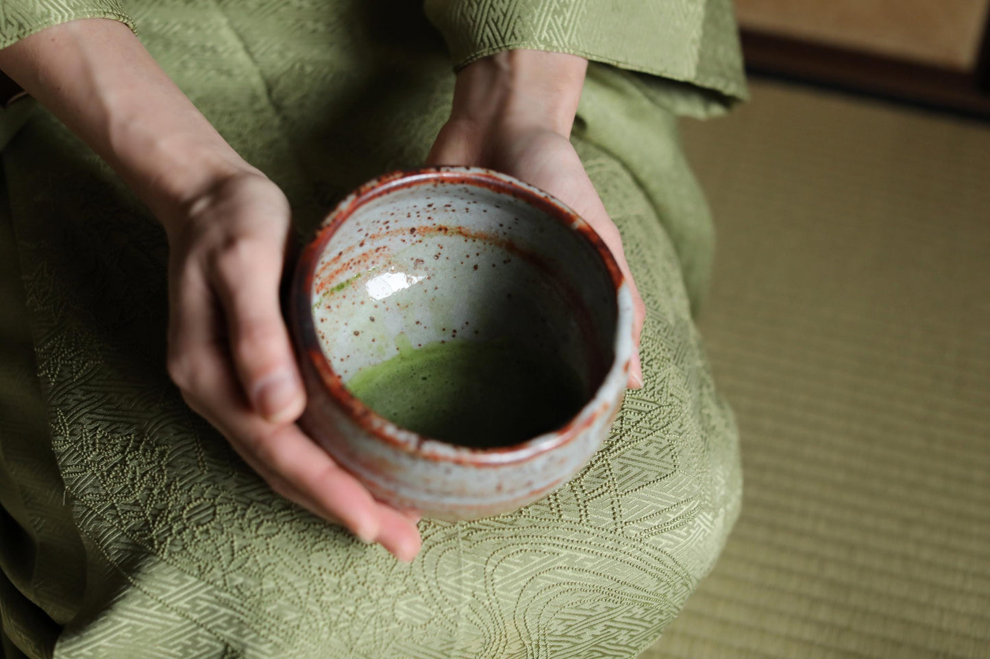 Green tea bowl Japanese vintage CHAWAN "SHINO" ware handmade Matcha Tea Cup Tea Ceremony ceramic with box, for GIFT 4.7in/12cm