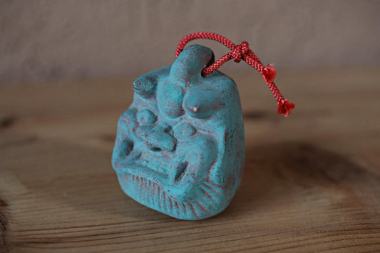 Japanese small pottery bell blue ONI demon doll talisman ornament Paper weight, Christmas Ornament Japanese vintage small bell H3.1in/2.4cm