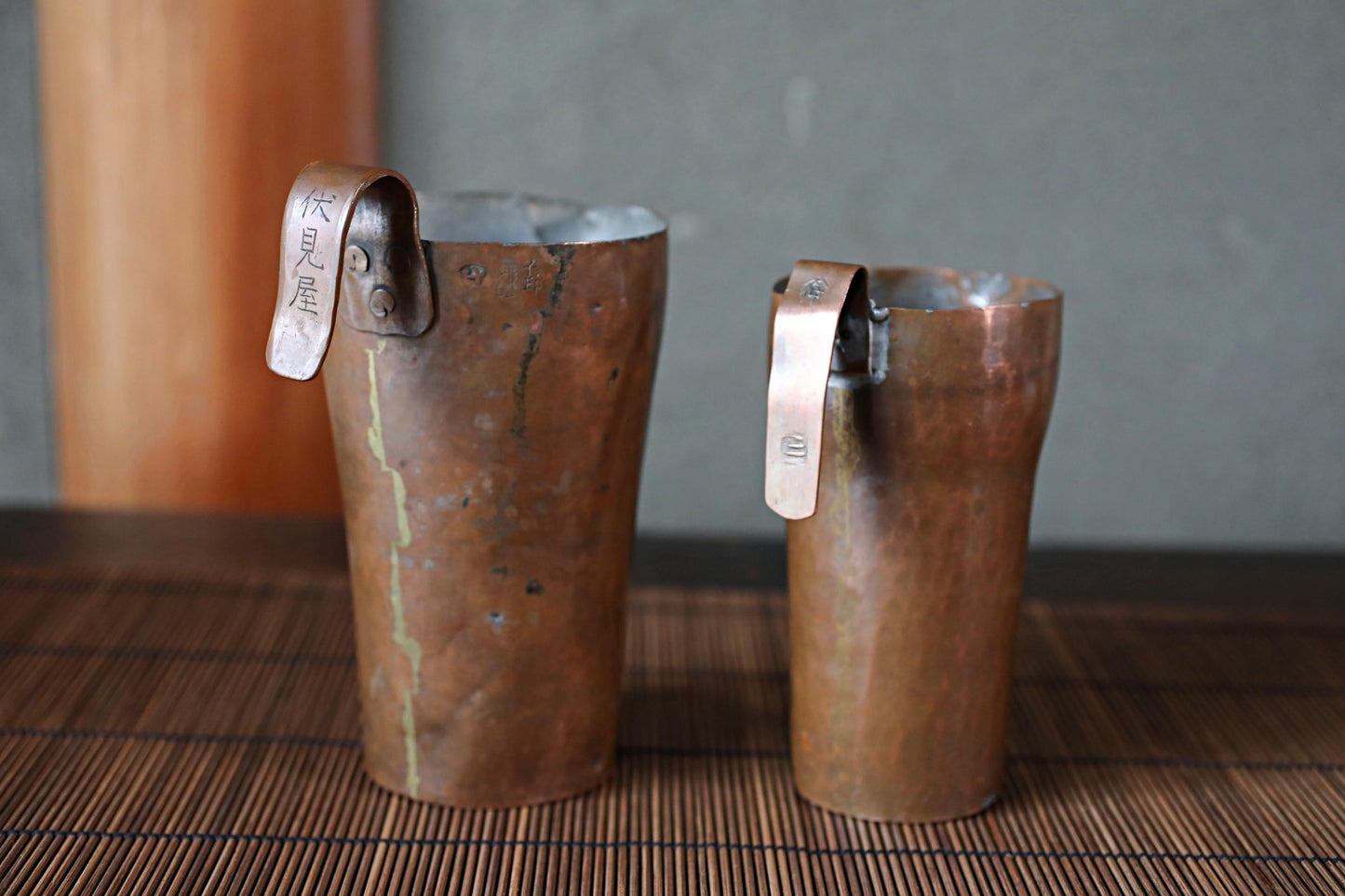 Japanese antique sake pot keeping warm made of copper atsukan pot with Kanji signed shop name 1930s H6.7×W5.3in/H17×W13.5cm
