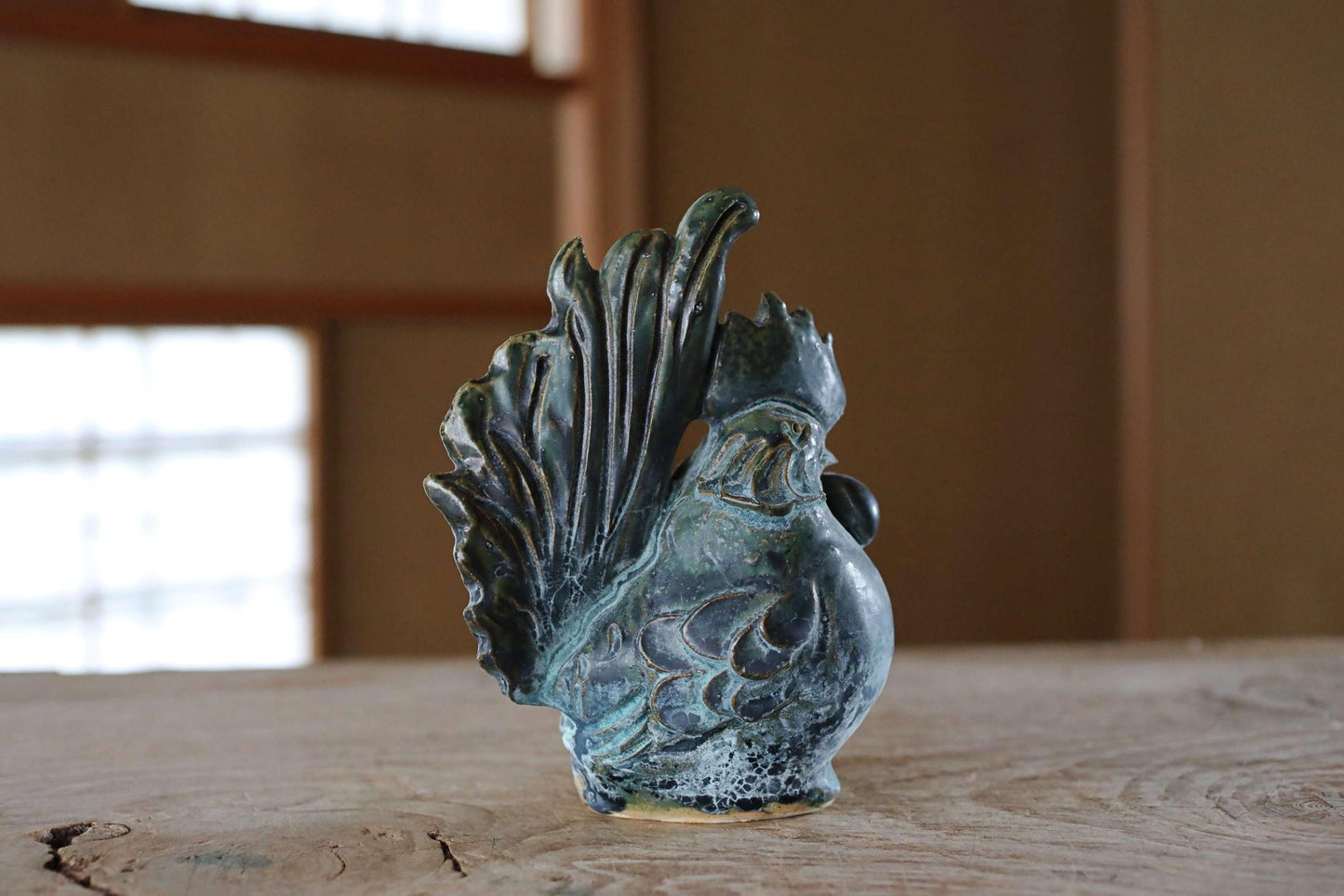 Japanese hen doll made of pottery Blue copper-like glaze hand made animal ornament Kanji Signature zodiac H6.9×4.7in/17.5×12cm
