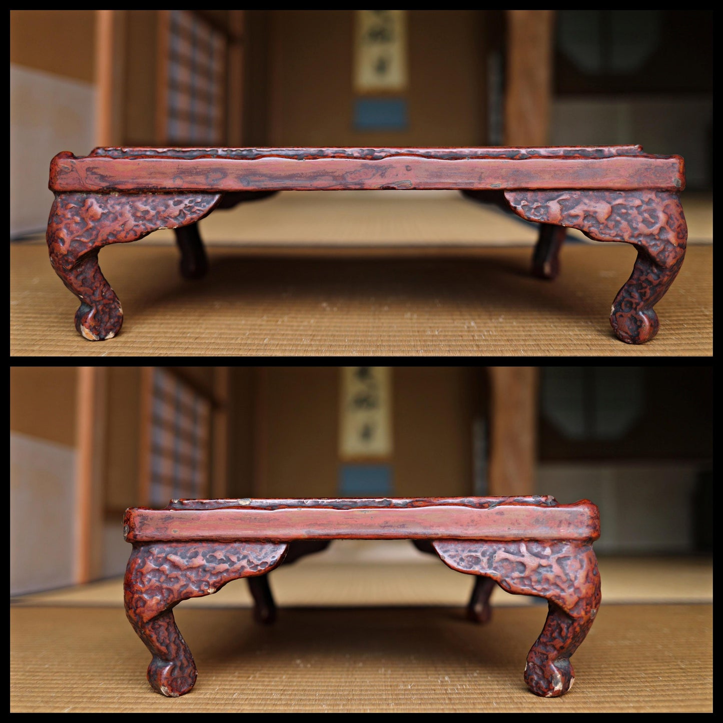 FINE! Japanese antique very thick lacquer pedestal Reddish brown color BONSAI stand, low tea table 17.9×13.2in/45.5×33.5cm