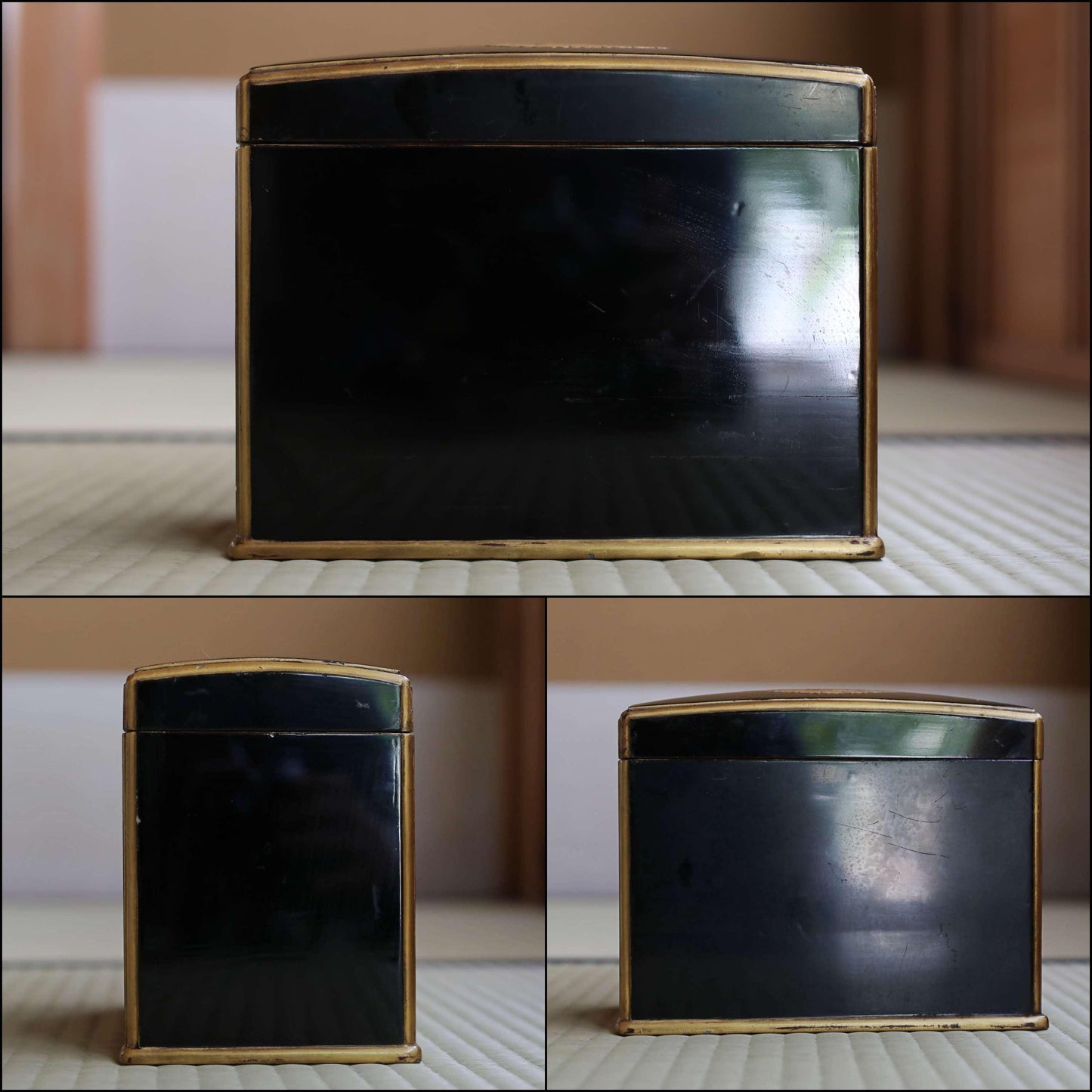 Japanese antique furniture buddhist Black lacquer Small Chest of drawers TANSU, gold MAKIE jewelry box urushi 1890s H6.5×W8.1in/H16.5×20.5cm
