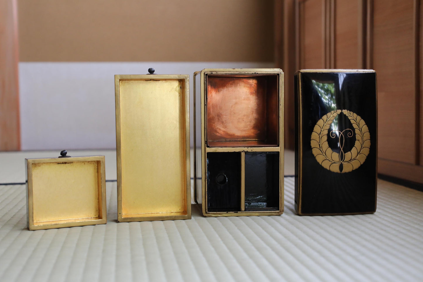 Japanese antique furniture buddhist Black lacquer Small Chest of drawers TANSU, gold MAKIE jewelry box urushi 1890s H6.5×W8.1in/H16.5×20.5cm