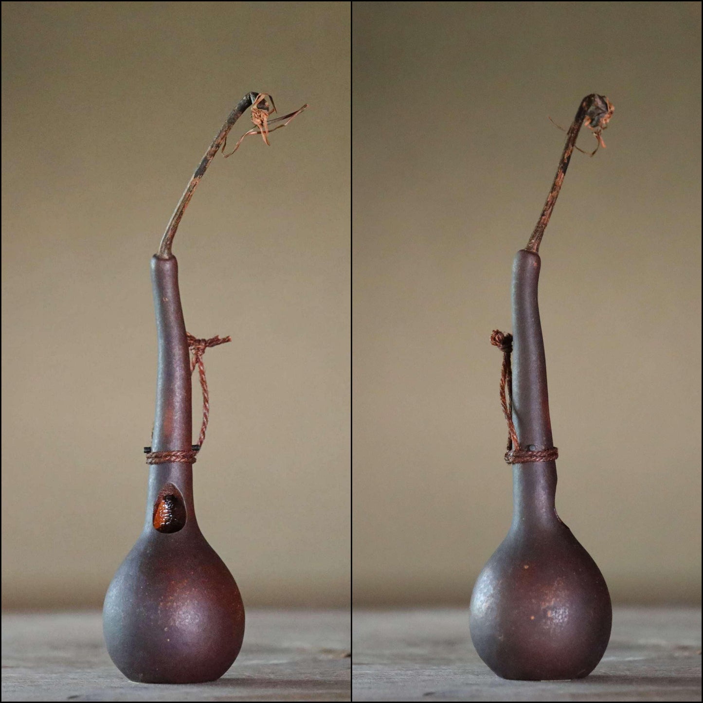 RARE! Japanese antique very light vase floral organs hand made of natural GOURD bottle with vine, wooden box, Tea ceremony H11×2.8in /28x7cm