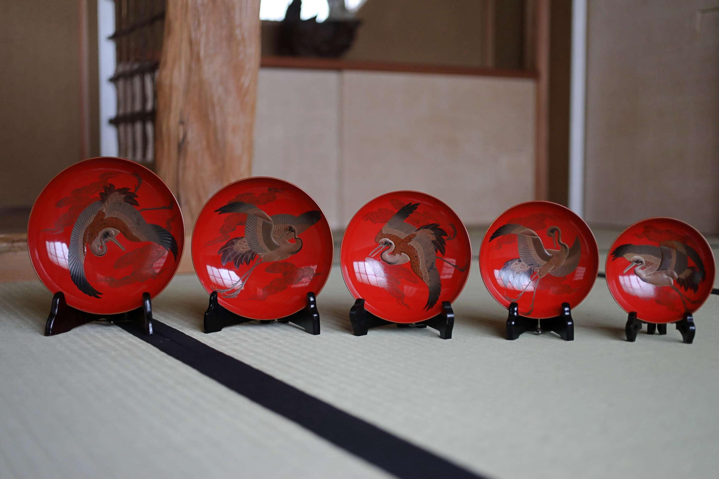 Set of 5 red gold lacquer MAKIE wooden sake cups with bards crane, Japanese Antique 1920s"sakazuki" with wooden box W8-5.1in H2.8-1.6in