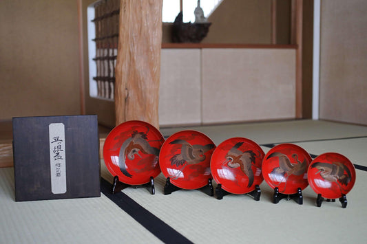 Set of 5 red gold lacquer MAKIE wooden sake cups with bards crane, Japanese Antique 1920s"sakazuki" with wooden box  W8-5.1in H2.8-1.6in