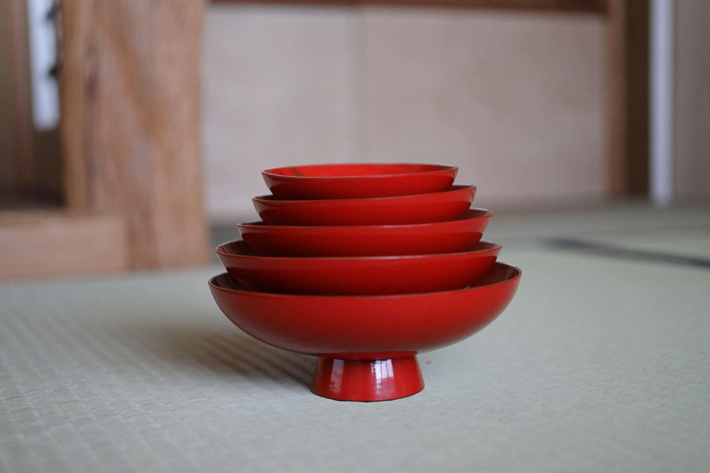 Set of 5 red gold lacquer MAKIE wooden sake cups with bards crane, Japanese Antique 1920s"sakazuki" with wooden box W8-5.1in H2.8-1.6in
