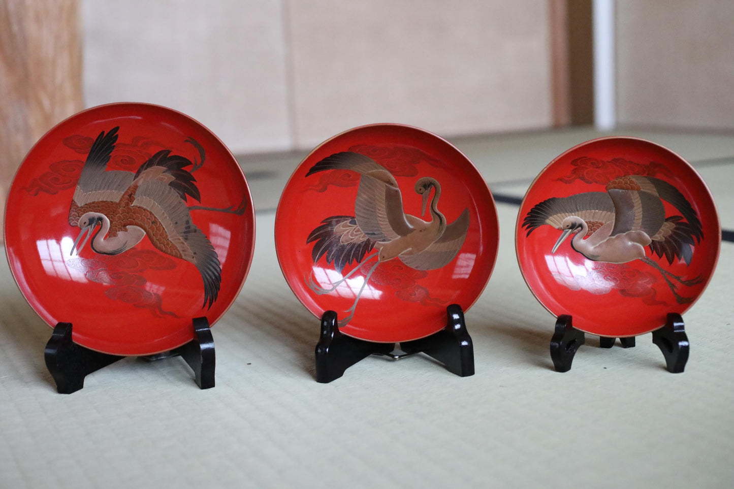 Set of 5 red gold lacquer MAKIE wooden sake cups with bards crane, Japanese Antique 1920s"sakazuki" with wooden box W8-5.1in H2.8-1.6in