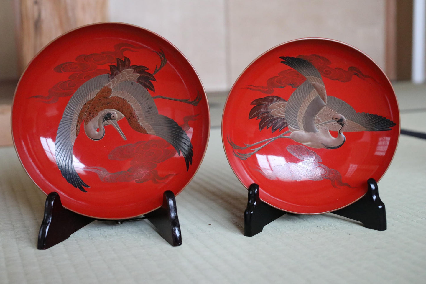 Set of 5 red gold lacquer MAKIE wooden sake cups with bards crane, Japanese Antique 1920s"sakazuki" with wooden box W8-5.1in H2.8-1.6in