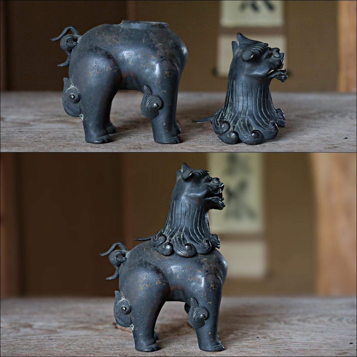 FINE! Joseon Dynasty Japanese antique Bronze statue censer Koro shishi lion with wooden box, animal Incense burner 1800s H8.3in/H21cm