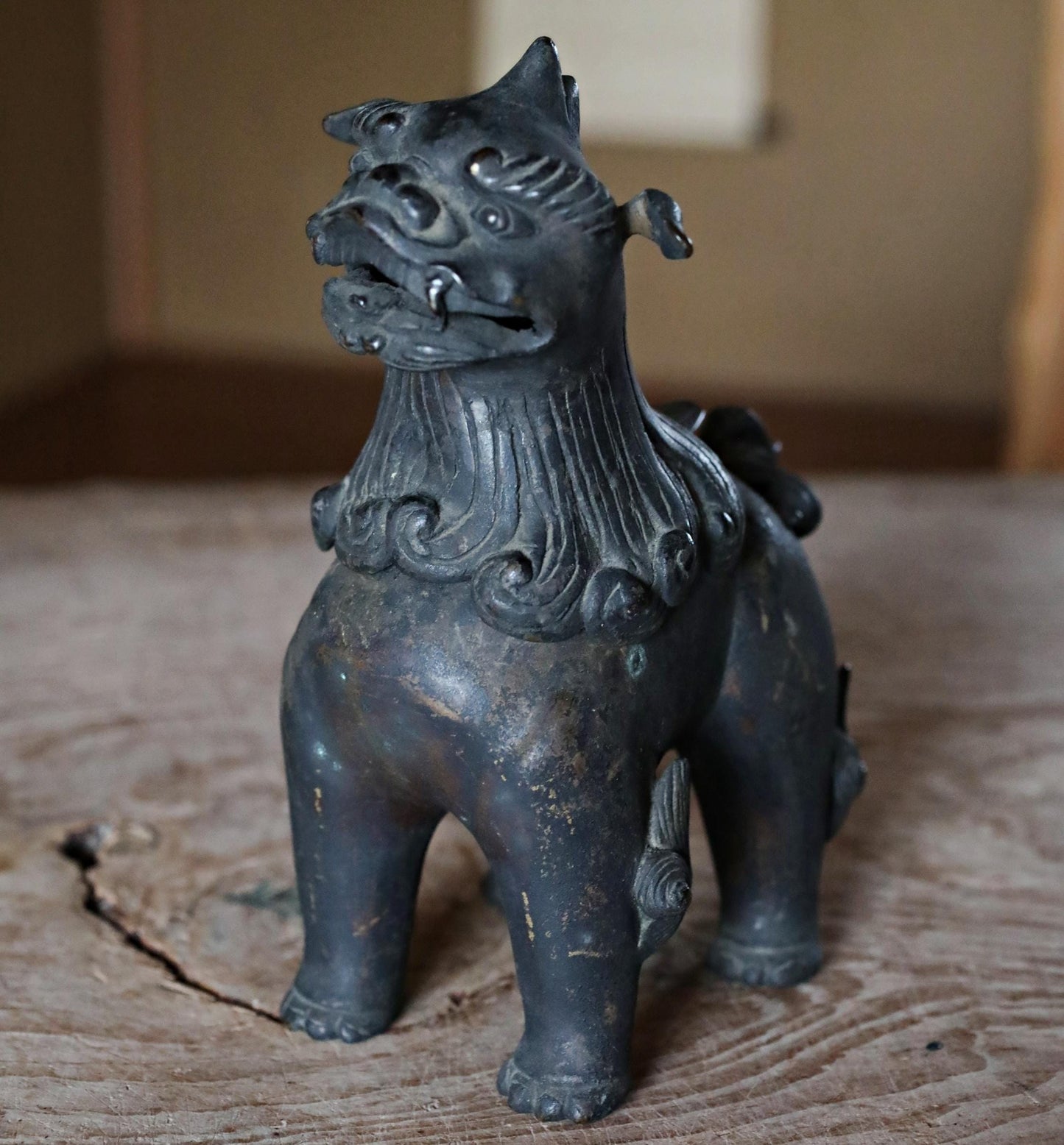 FINE! Joseon Dynasty Japanese antique Bronze statue censer Koro shishi lion with wooden box, animal Incense burner 1800s H8.3in/H21cm