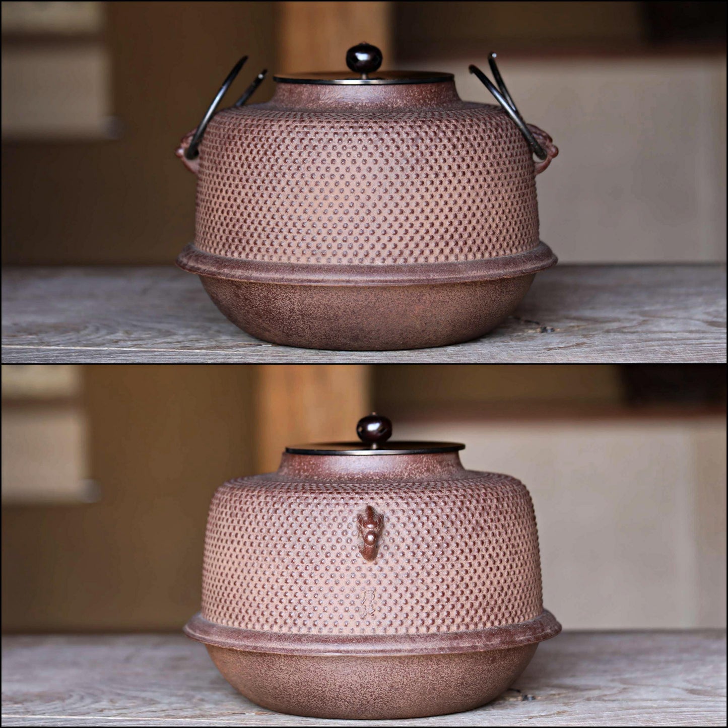 FINE! Japanese cast iron kettle For Tea ceremony with a copper lid, "Shinnari-gama" signed Famous Kettle Master Box 1970s W10in/W25.5cm