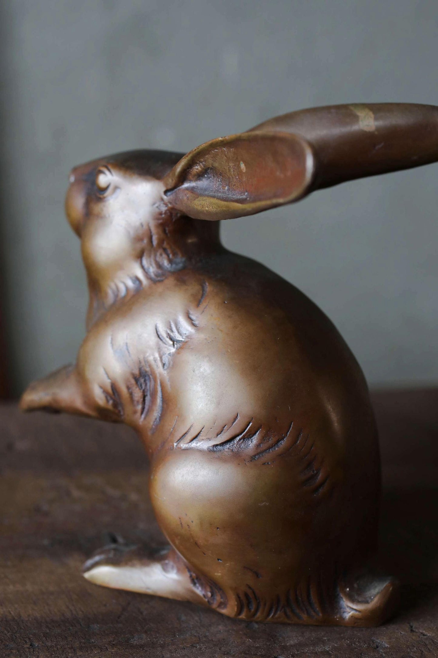 FINE! Japanese vintage bronze rabbit statue ornament doll with Kanji signature 1950s Japanese interior metal animal craft H5.5in/H14cm