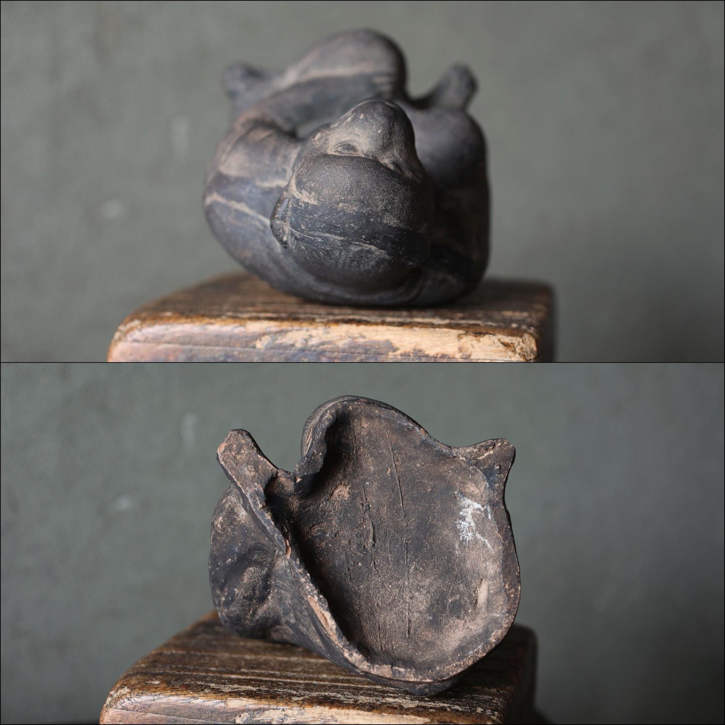 Japanese antique 1700s clay figurine Sitting and smiling Monkey doll statue animal ornament pottery statue hand craft H6.5in/H16.5cm
