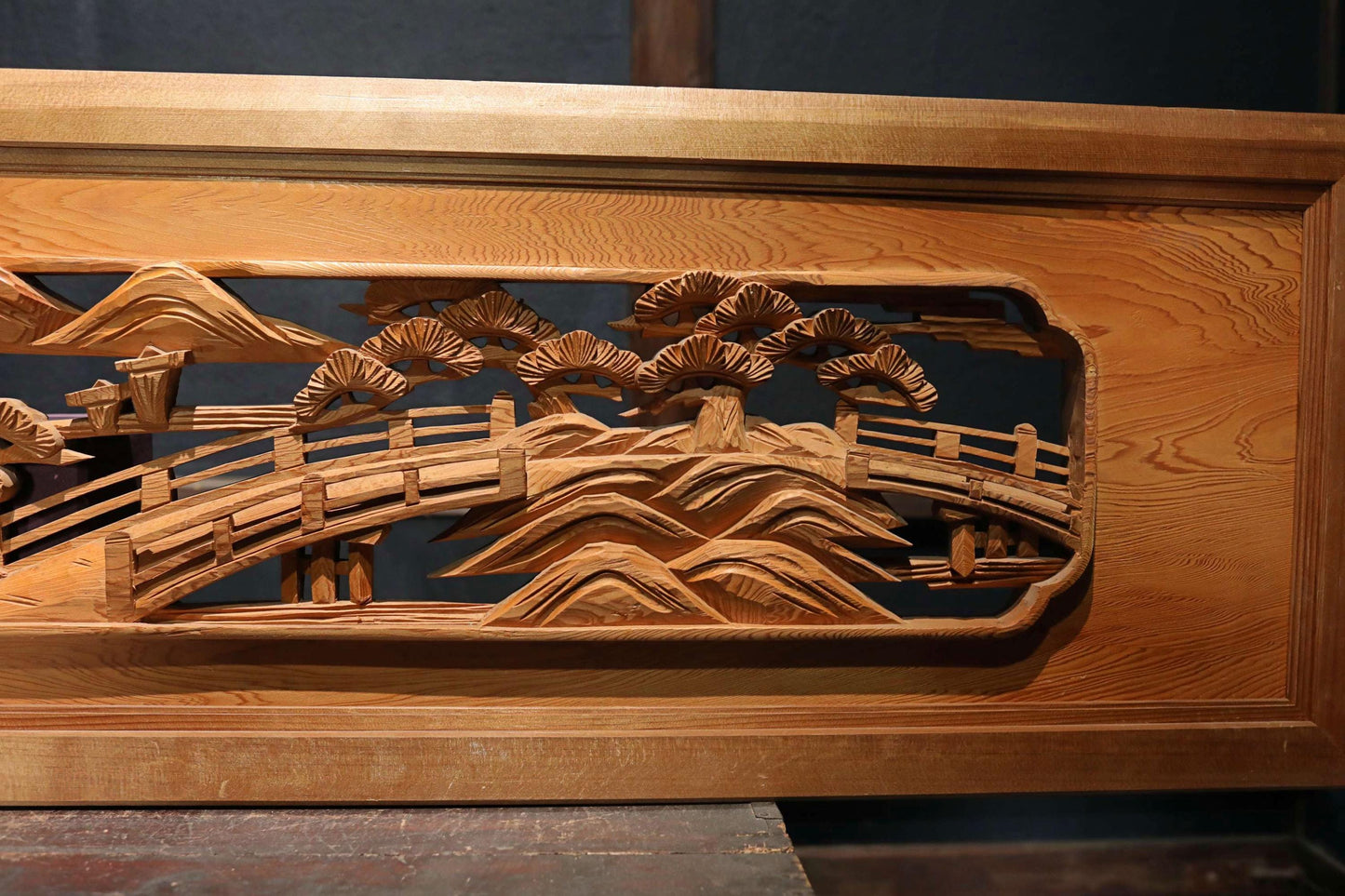 Pair of Japanese vintage furniture RANMA Wooden sculpture carving openwork Views of Japan Pine tree,Building, Islands, W70.3in/W178.5cm