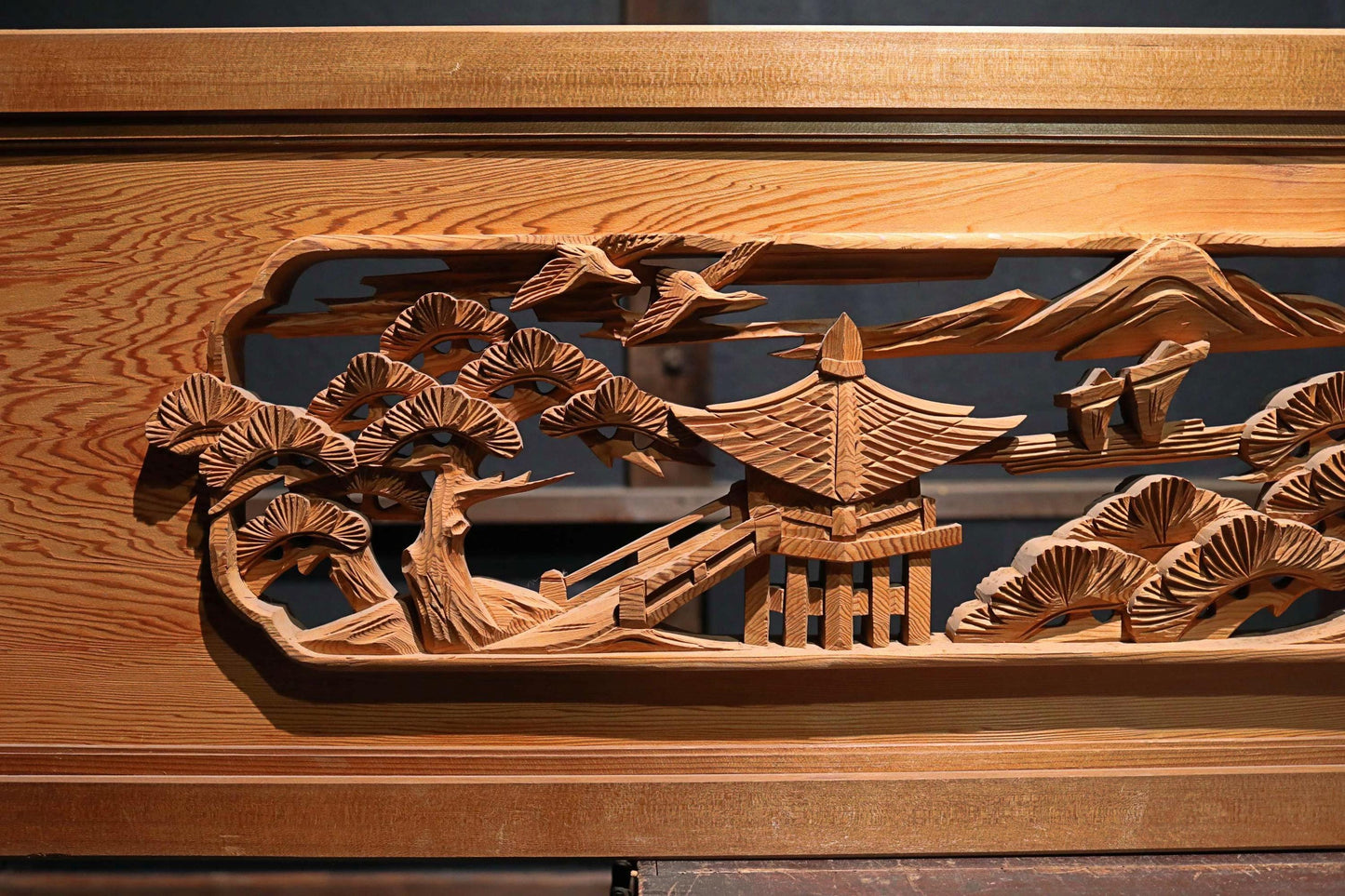 Pair of Japanese vintage furniture RANMA Wooden sculpture carving openwork Views of Japan Pine tree,Building, Islands, W70.3in/W178.5cm