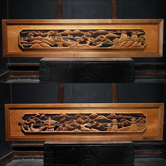 Pair of Japanese vintage furniture RANMA Wooden sculpture carving openwork Views of Japan Pine tree,Building, Islands, W70.3in/W178.5cm