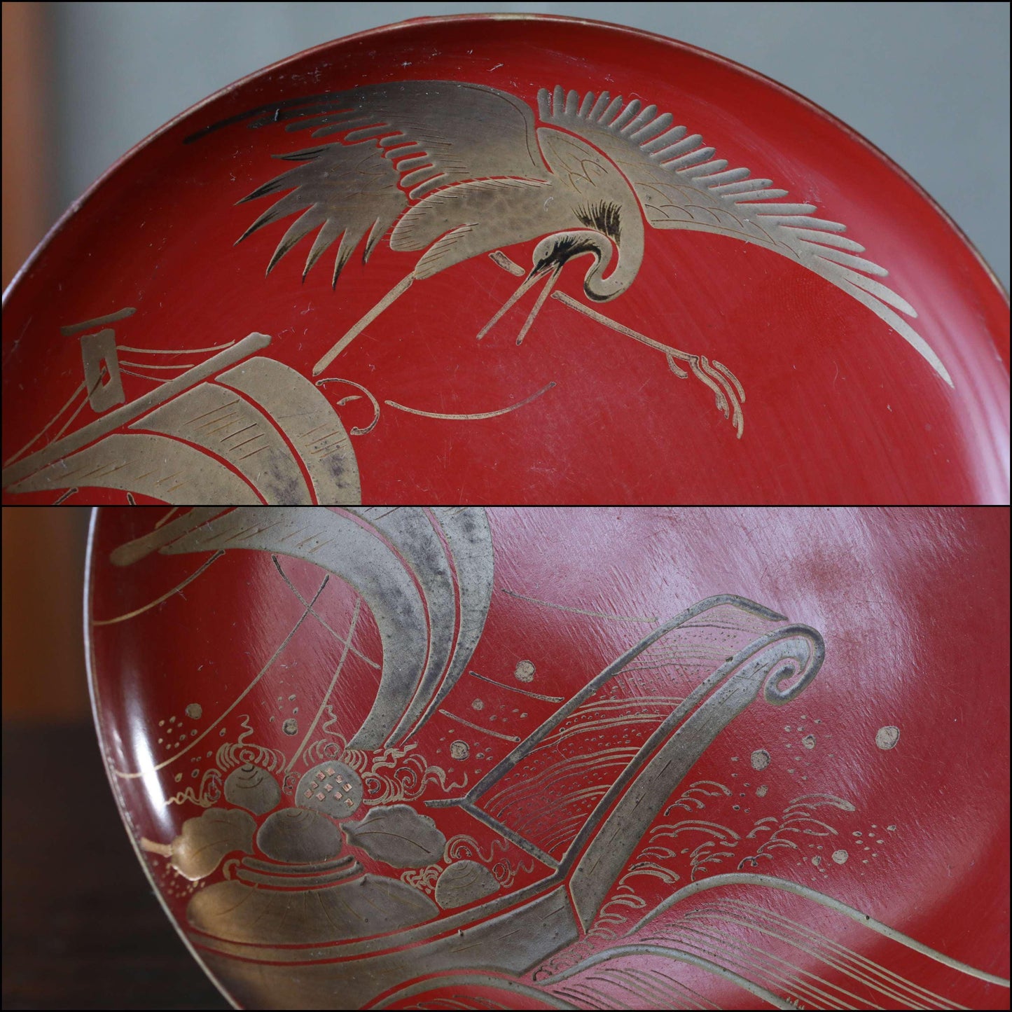 Set of 3 Red Gold lacquer MAKIE wooden sake cups with a crane flying over sea , Japanese Antique wooden "sakazuki" for Gift W4.9in/12.5cm