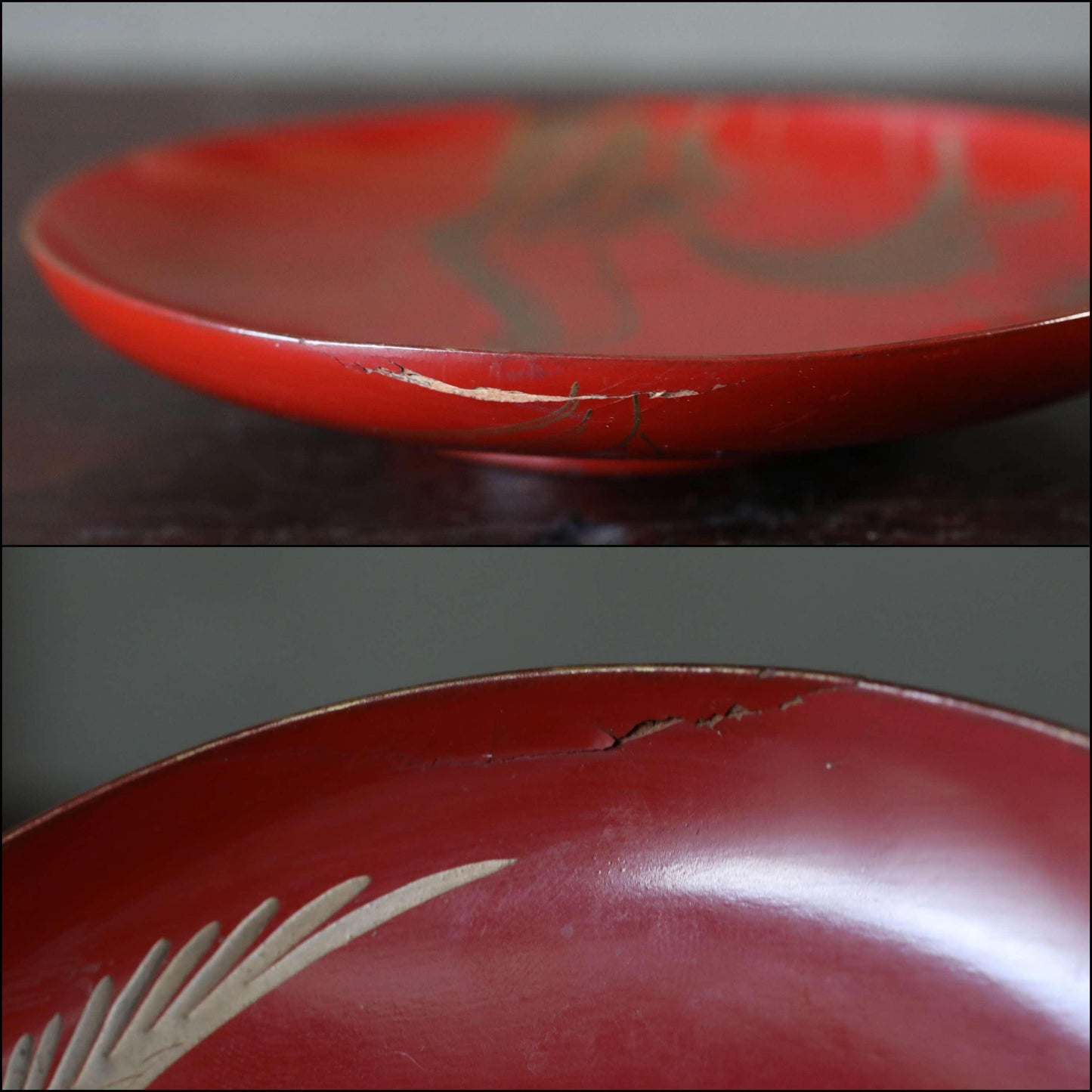 Set of 3 Red Gold lacquer MAKIE wooden sake cups with a crane flying over sea , Japanese Antique wooden "sakazuki" for Gift W4.9in/12.5cm