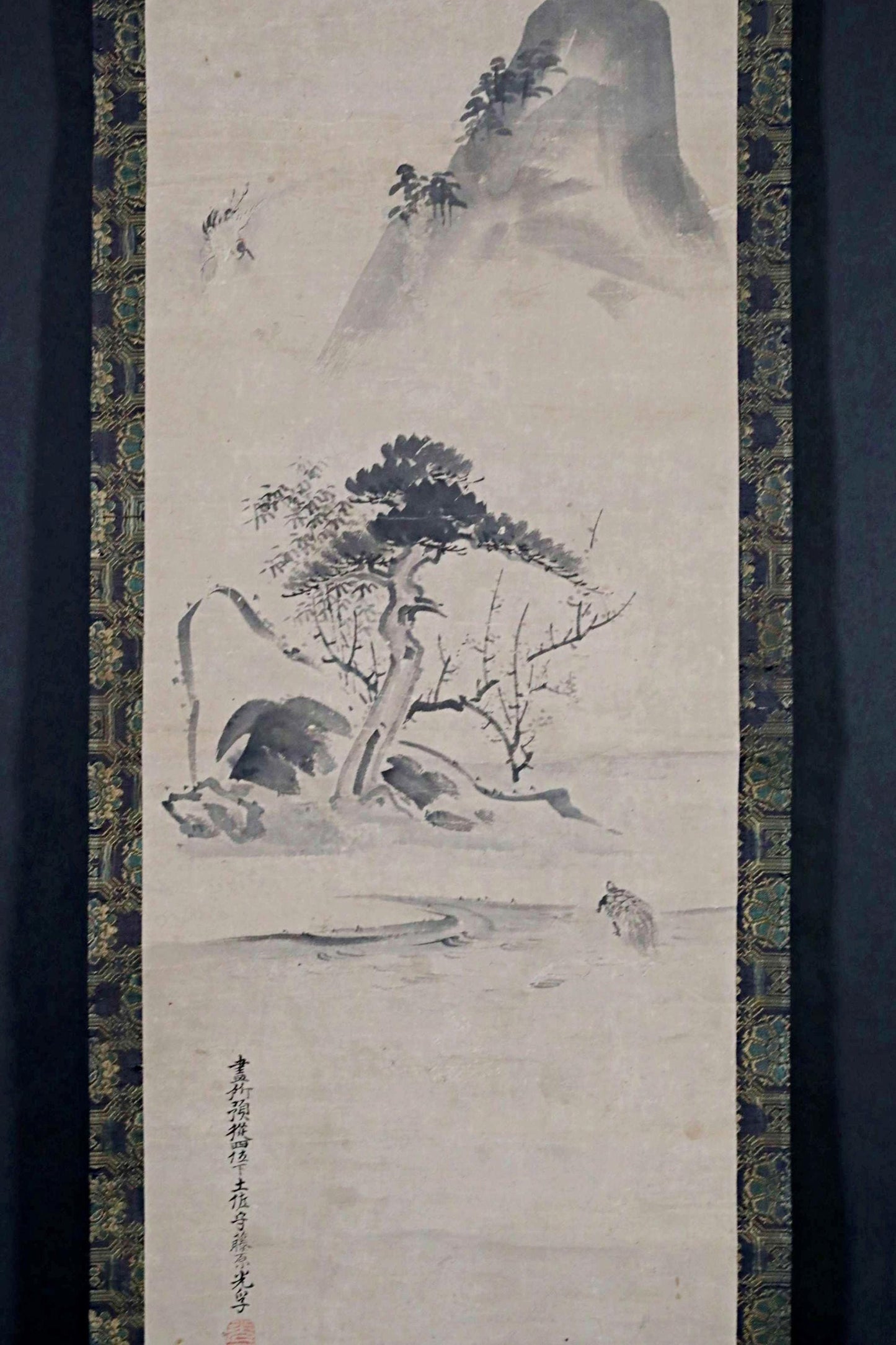 FINE! Japanese antique 1800s Edo Cranes Turtles art ink brush painting hanging scroll 土佐 Tosa school KAKEJIKU with BOX H57.5in/146cm