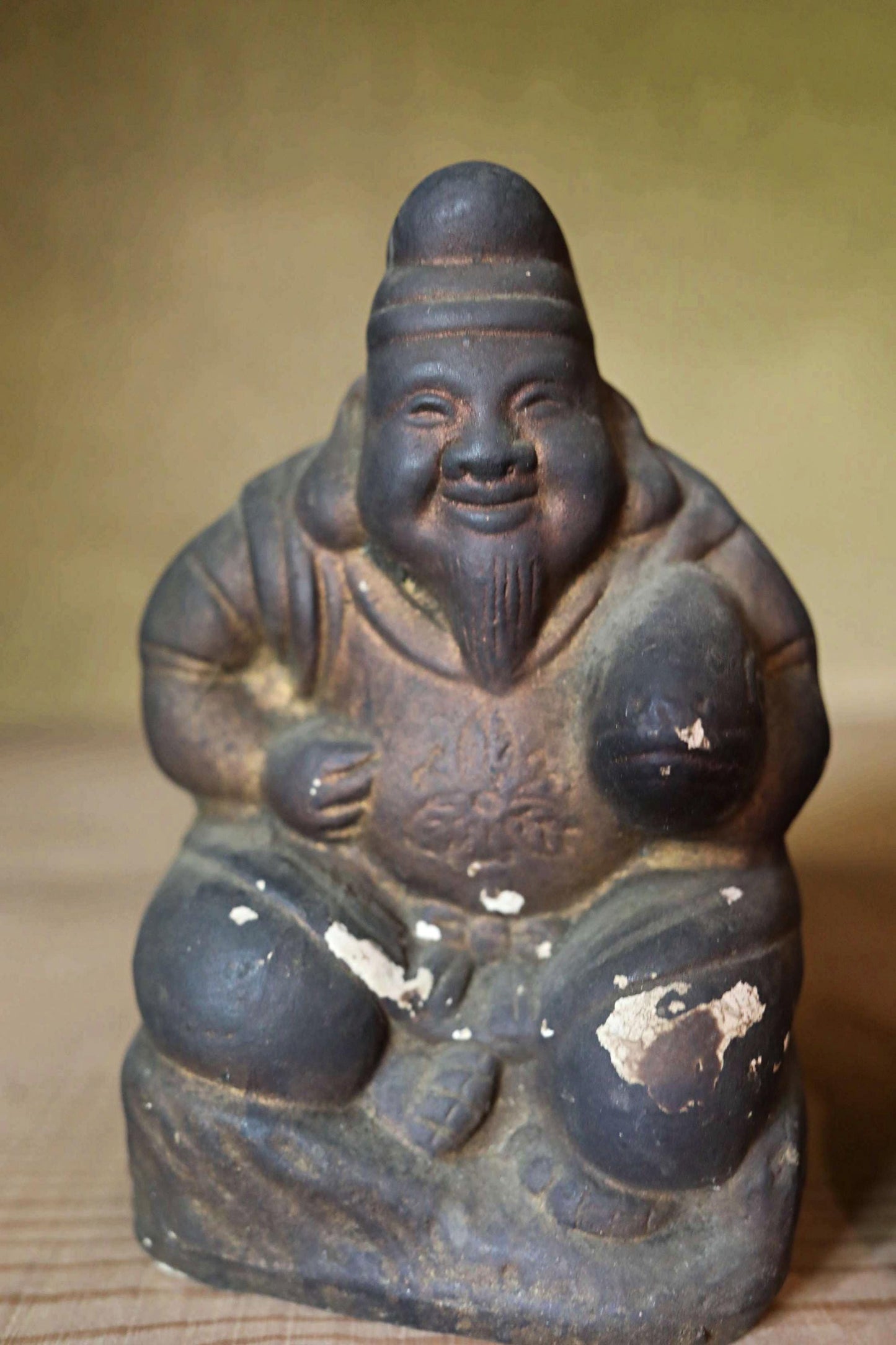 Japanese antique 1800s soot-stained pottery dolls of two gods, Ebisu and Daikoku, the Seven Lucky Gods, Edo handmade craft H6.5in/16.5cm