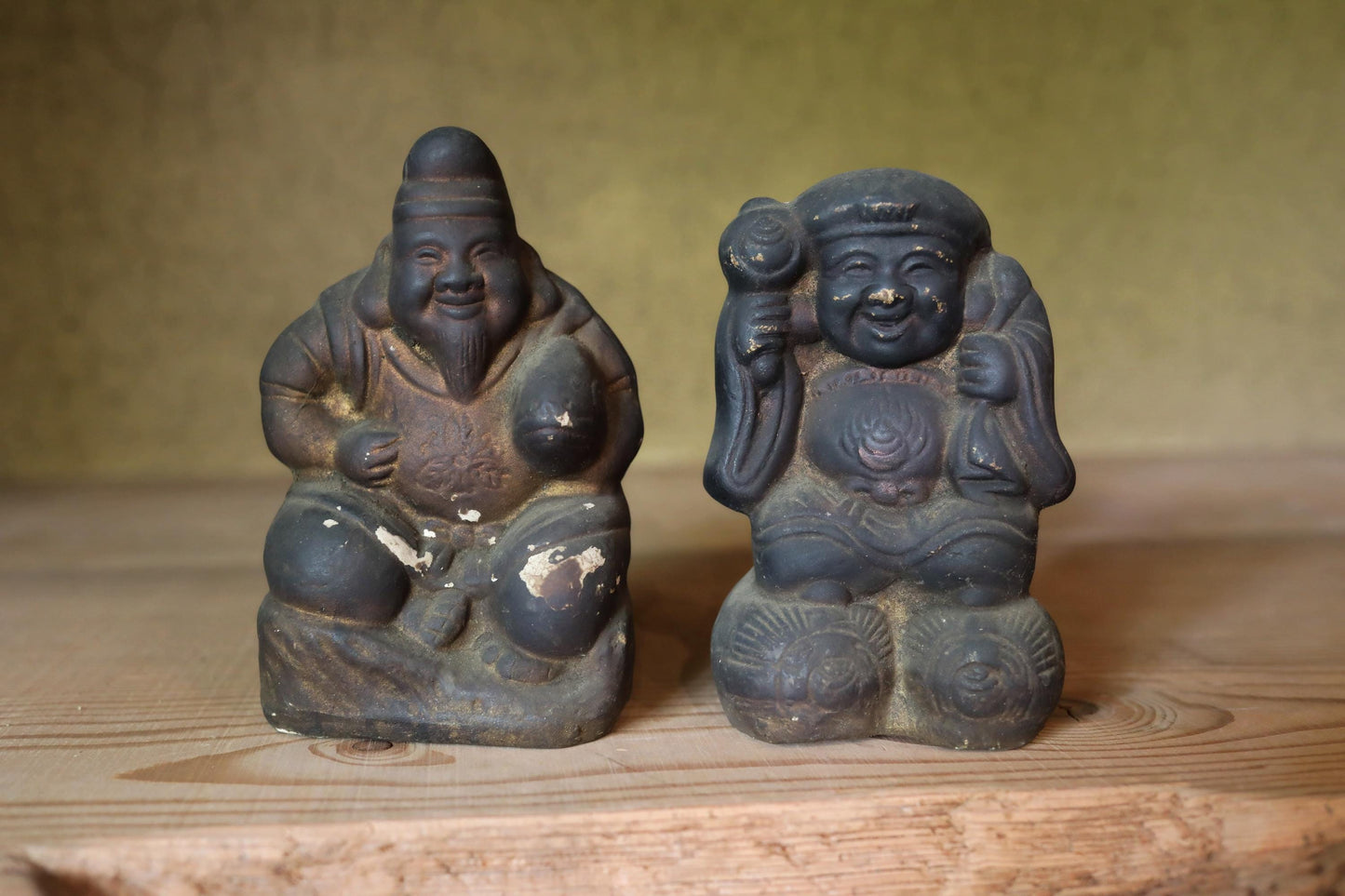 Japanese antique 1800s soot-stained pottery dolls of two gods, Ebisu and Daikoku, the Seven Lucky Gods, Edo handmade craft H6.5in/16.5cm
