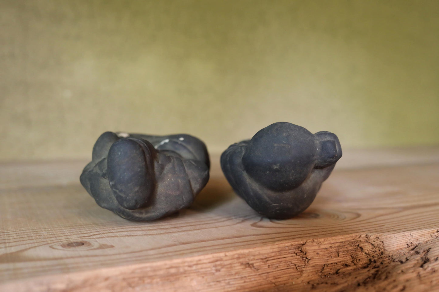 Japanese antique 1800s soot-stained pottery dolls of two gods, Ebisu and Daikoku, the Seven Lucky Gods, Edo handmade craft H6.5in/16.5cm