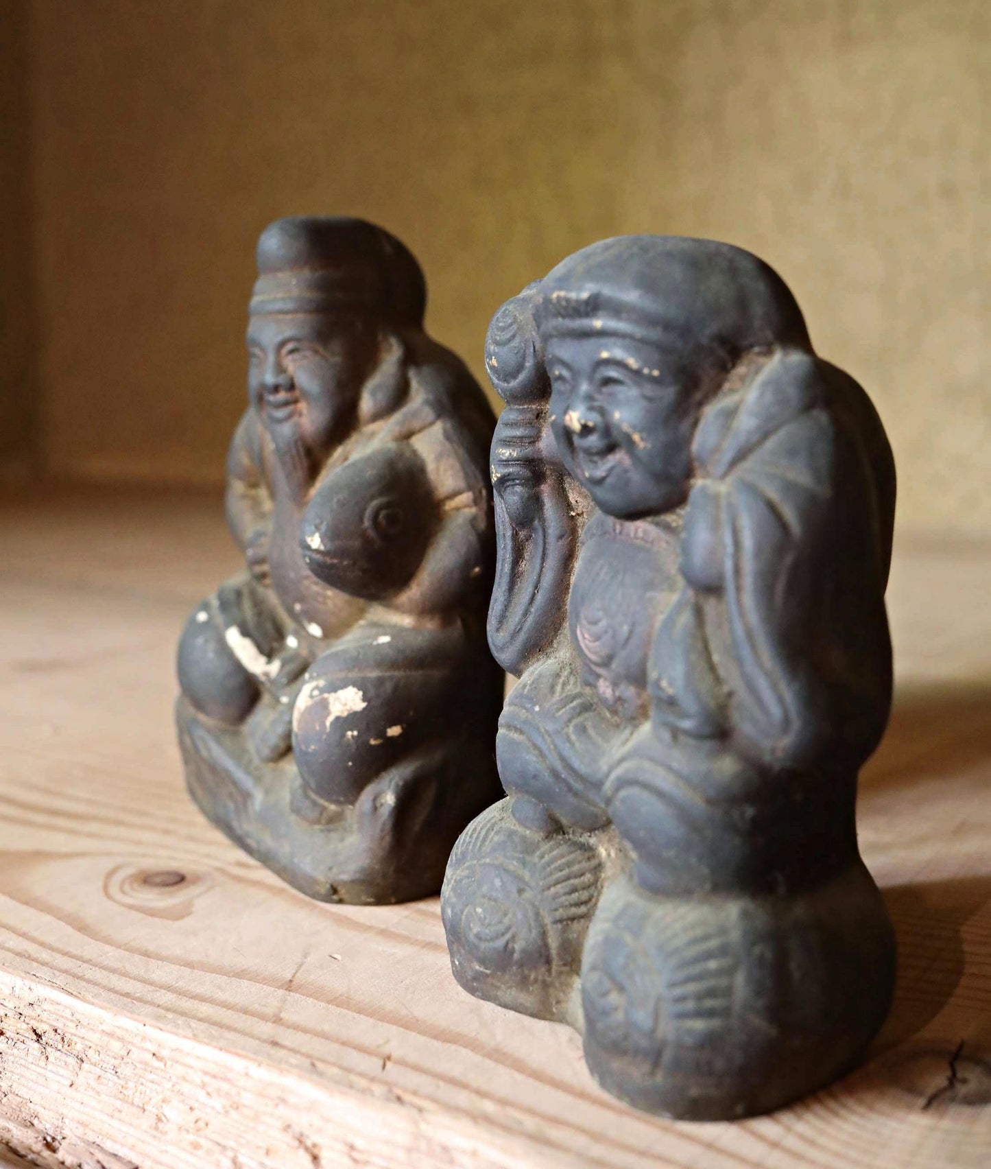 Japanese antique 1800s soot-stained pottery dolls of two gods, Ebisu and Daikoku, the Seven Lucky Gods, Edo handmade craft H6.5in/16.5cm
