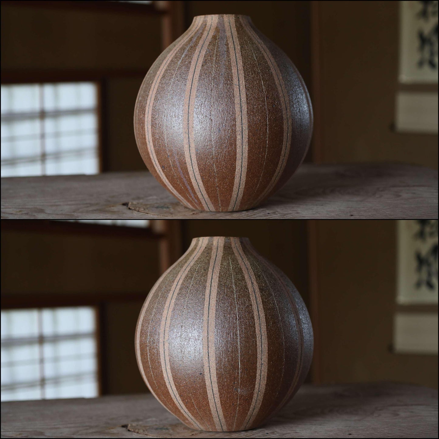 Japanese vintage large ceramic flower vase inlay natural ash glaze hand craft, Brown stripes, kanji wooden box, ikebana H10.2×9.8in/H26×25cm