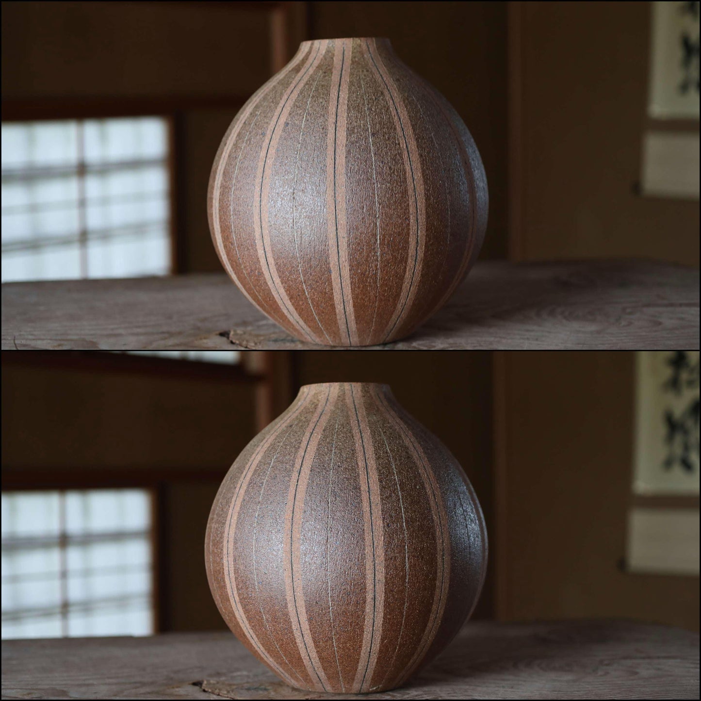 Japanese vintage large ceramic flower vase inlay natural ash glaze hand craft, Brown stripes, kanji wooden box, ikebana H10.2×9.8in/H26×25cm