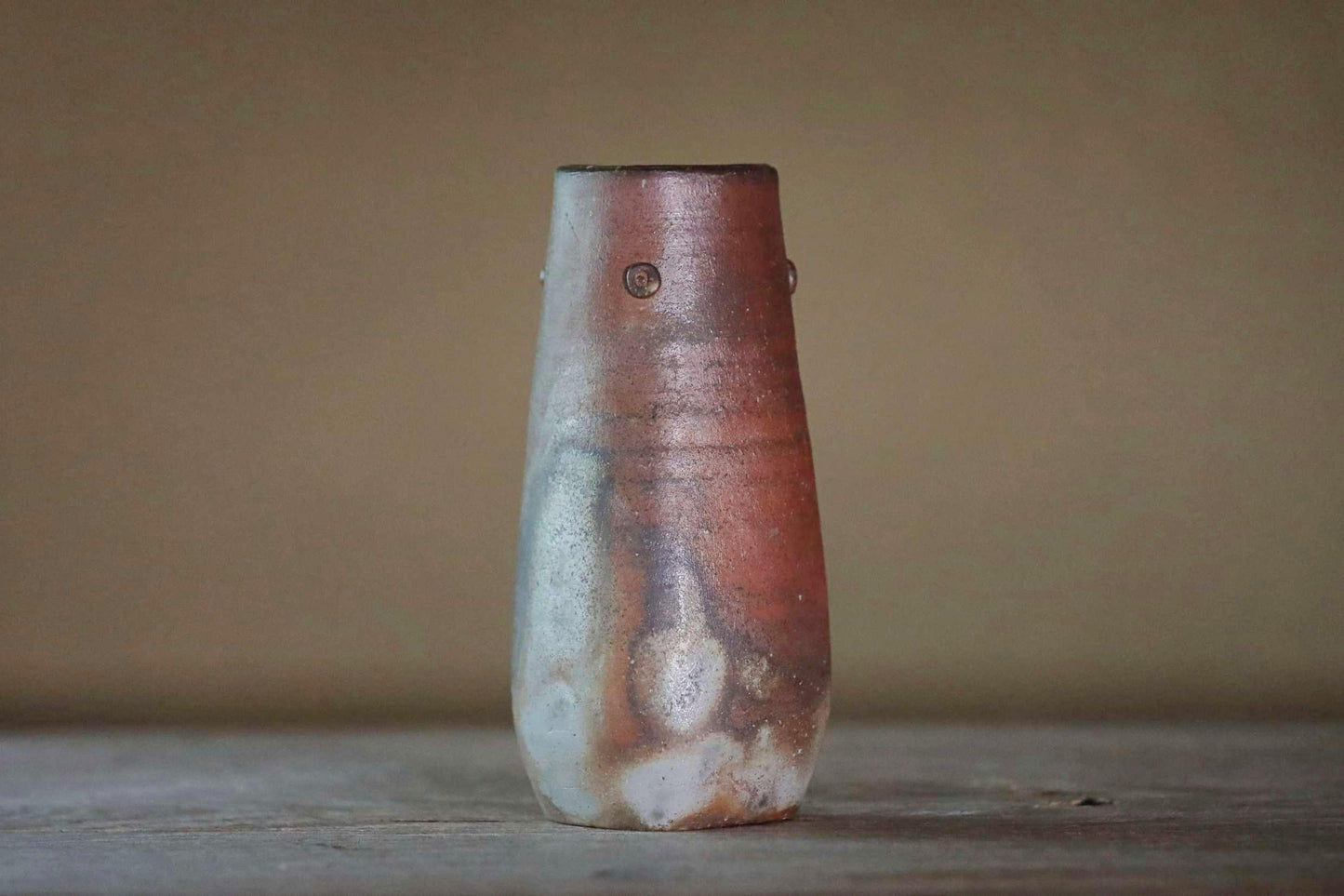 Japanese vintage vase "BIZEN ware" pottery flower vase, square tube shape with Kanji signed and wooden box For GIFT H7.4×3.3in/18.8x8.5cm