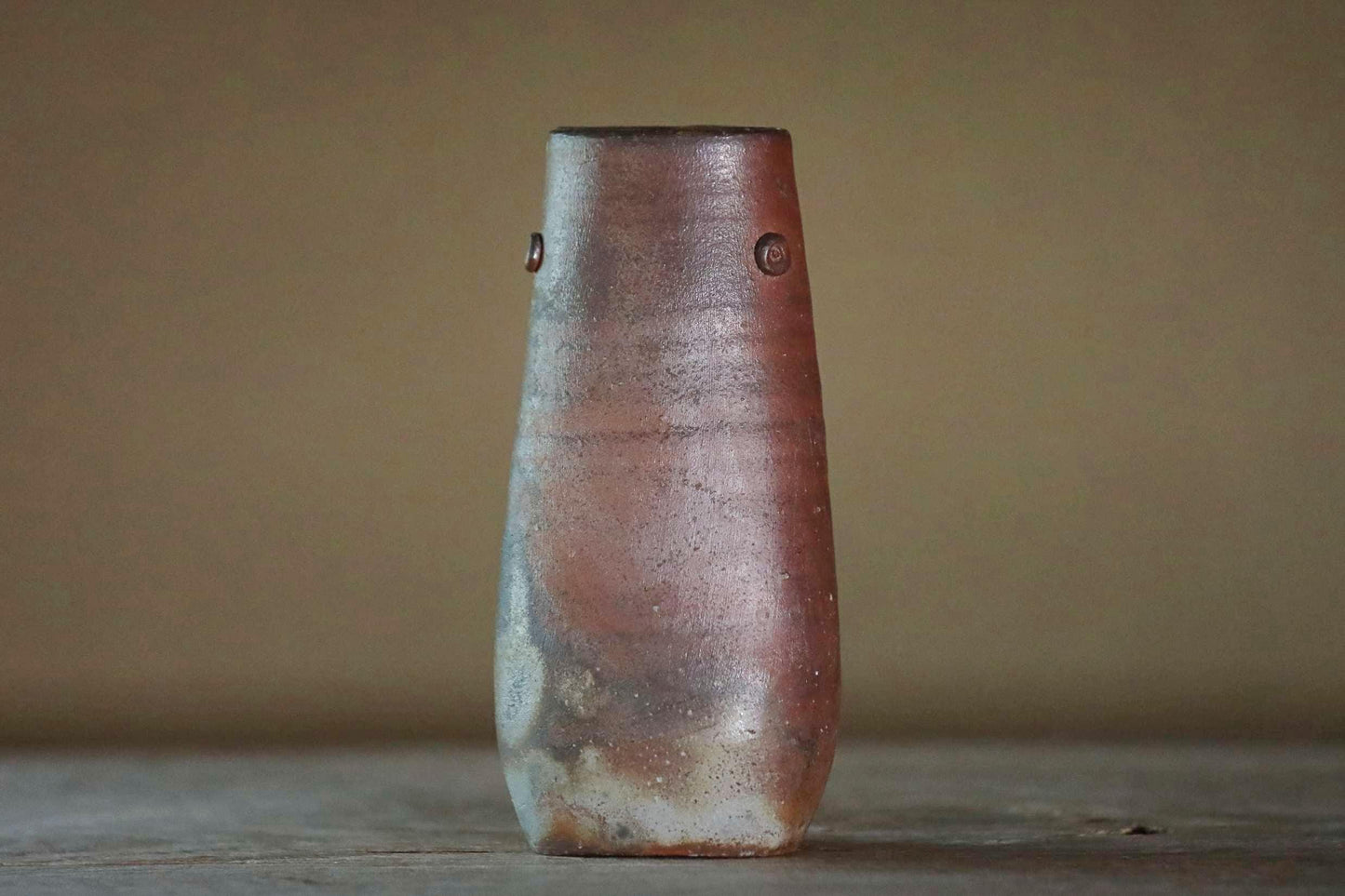 Japanese vintage vase "BIZEN ware" pottery flower vase, square tube shape with Kanji signed and wooden box For GIFT H7.4×3.3in/18.8x8.5cm