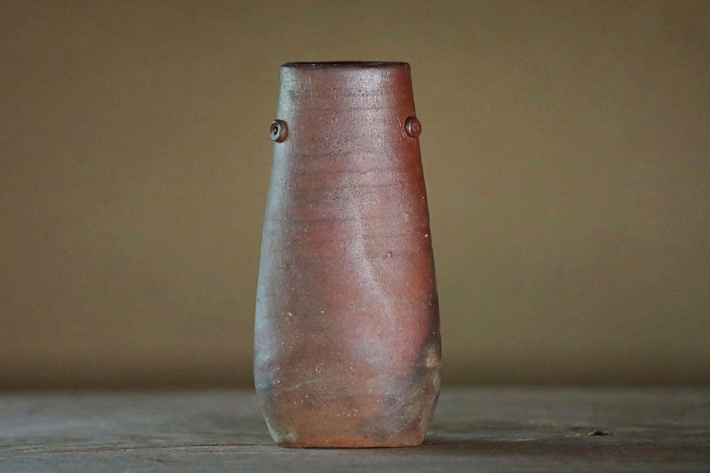 Japanese vintage vase "BIZEN ware" pottery flower vase, square tube shape with Kanji signed and wooden box For GIFT H7.4×3.3in/18.8x8.5cm