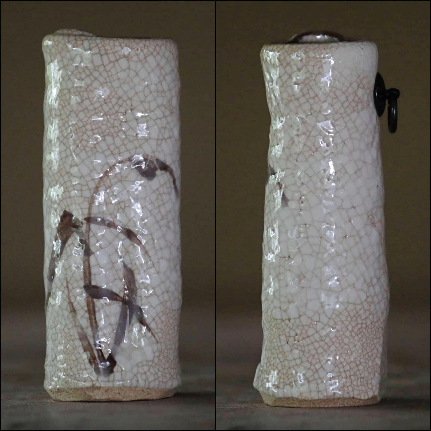 Japanese vintage hand made ceramic small jar flower vase Shino ware hanging vase name "Travel Pillow” with wood box H5.1in/H13cm