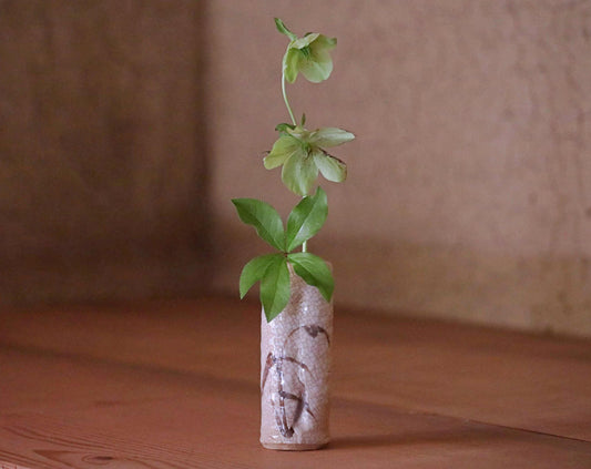 Japanese vintage hand made ceramic small jar flower vase Shino ware hanging vase name "Travel Pillow” with wood box H5.1in/H13cm