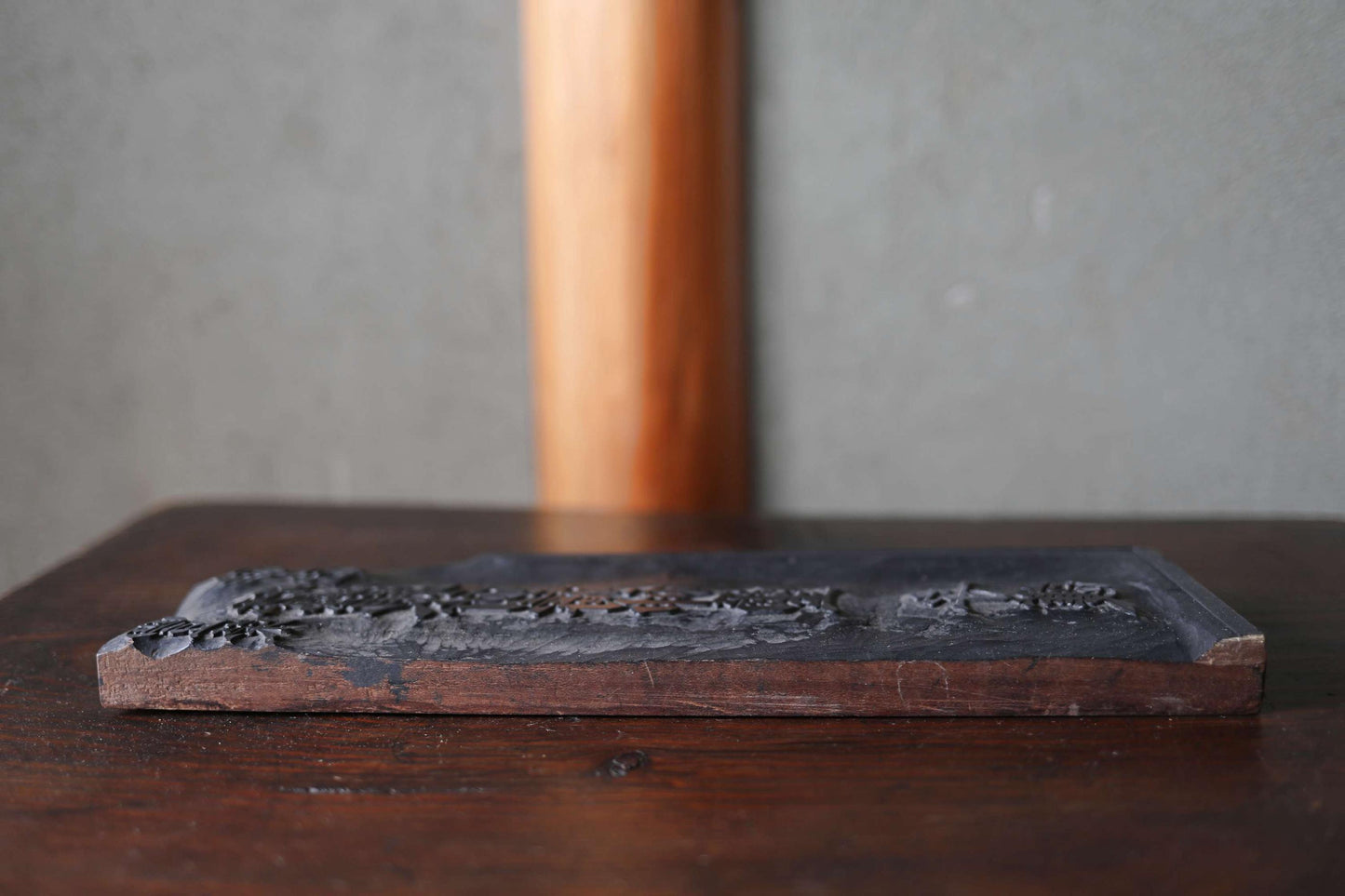 Japanese antique 1900s hand carved wood block for talisman of Shinto shrine for ”sericulture" and "ward off evil" H13.4x3.3in/H34x8.4cm