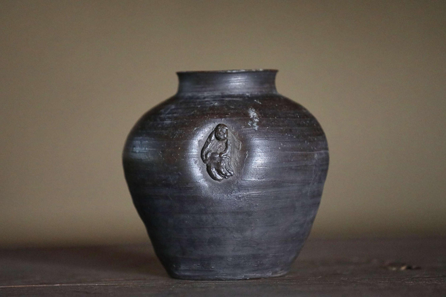 FINE! 1800s Japanese antique BIZEN vase old hand made ceramic jar flower vase with doll for tea ceremony Ikebana H5.3×5.3in/H13.5×13.5cm