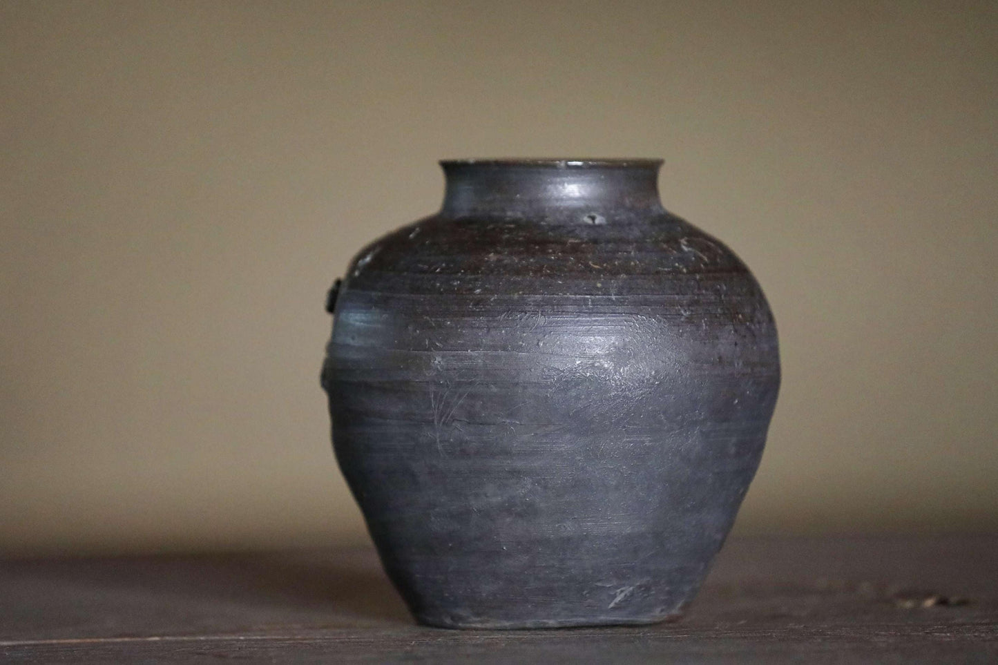 FINE! 1800s Japanese antique BIZEN vase old hand made ceramic jar flower vase with doll for tea ceremony Ikebana H5.3×5.3in/H13.5×13.5cm