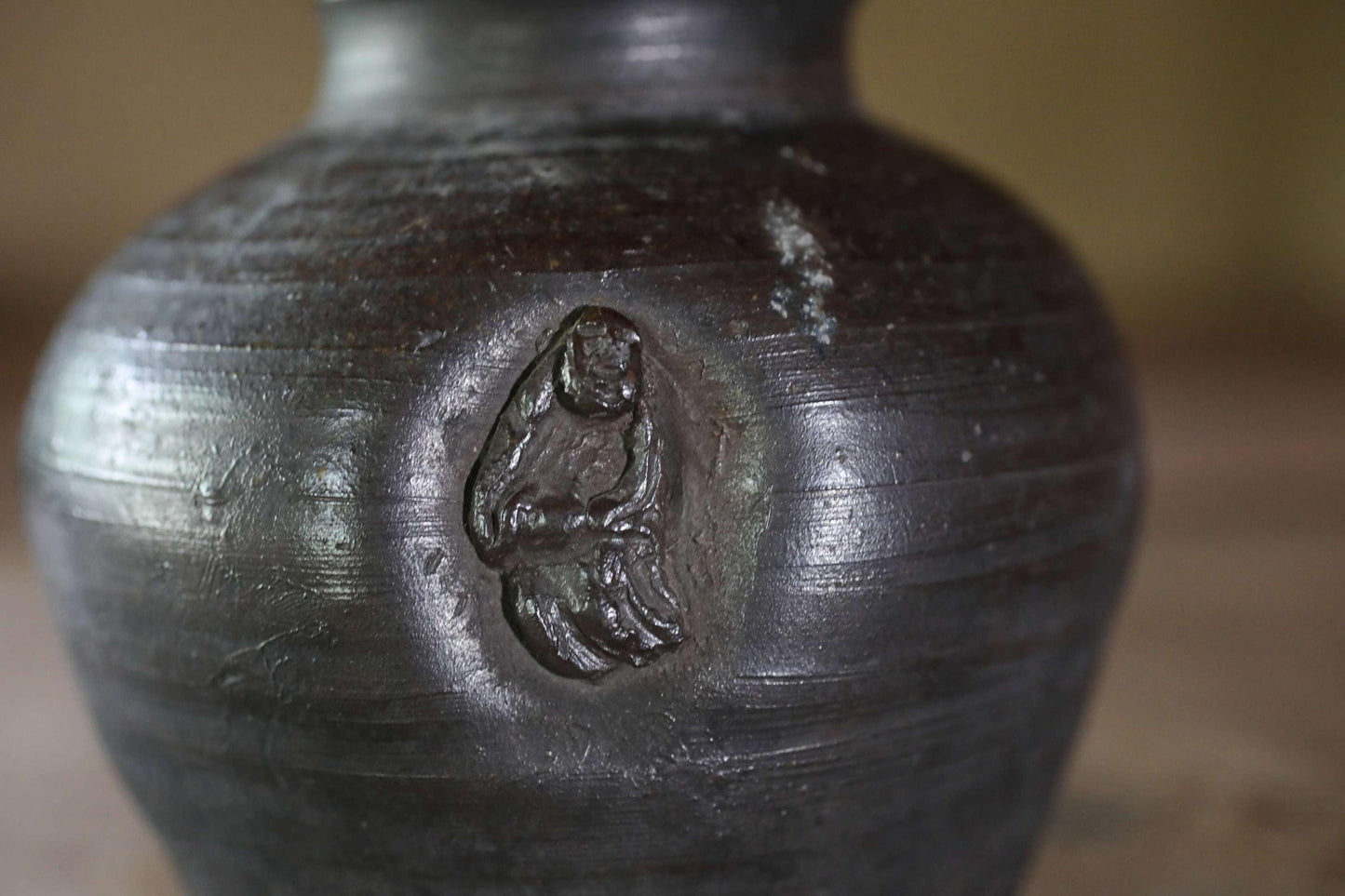 FINE! 1800s Japanese antique BIZEN vase old hand made ceramic jar flower vase with doll for tea ceremony Ikebana H5.3×5.3in/H13.5×13.5cm