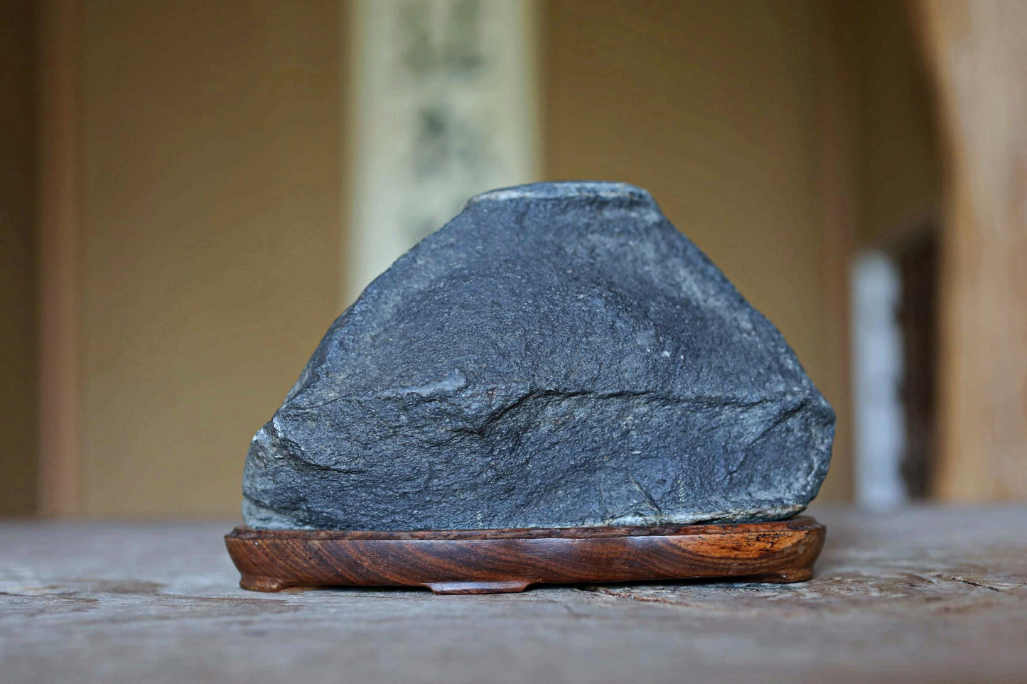 Japanese old "SUISEKI", scholars stone, indoor viewing stone, block shaped, with a hand carved pedestal Power stone H3.9xW6.3in/10x16cm