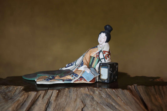 Japanese antique doll GEISYA napping woman doll in kimono with book made of pottery, Kanji 月moon, 花flower H3.9×7.5in/H10×19cm