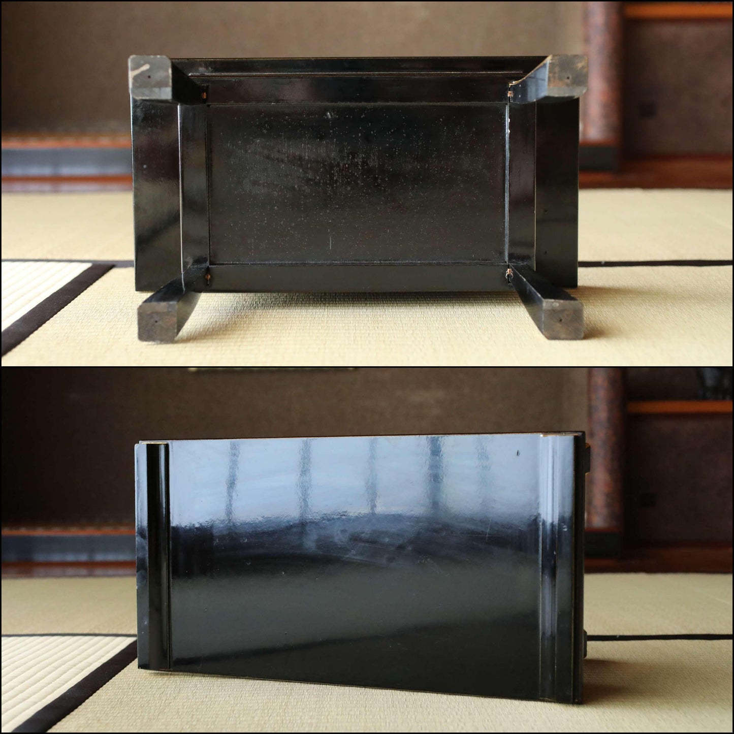 Japanese vintage lacquer pedestal, Buddhist table temple table, Buddhist Wood Stand, furniture, black Sutra desk H6.9×W19in/H17.5×W48.2cm