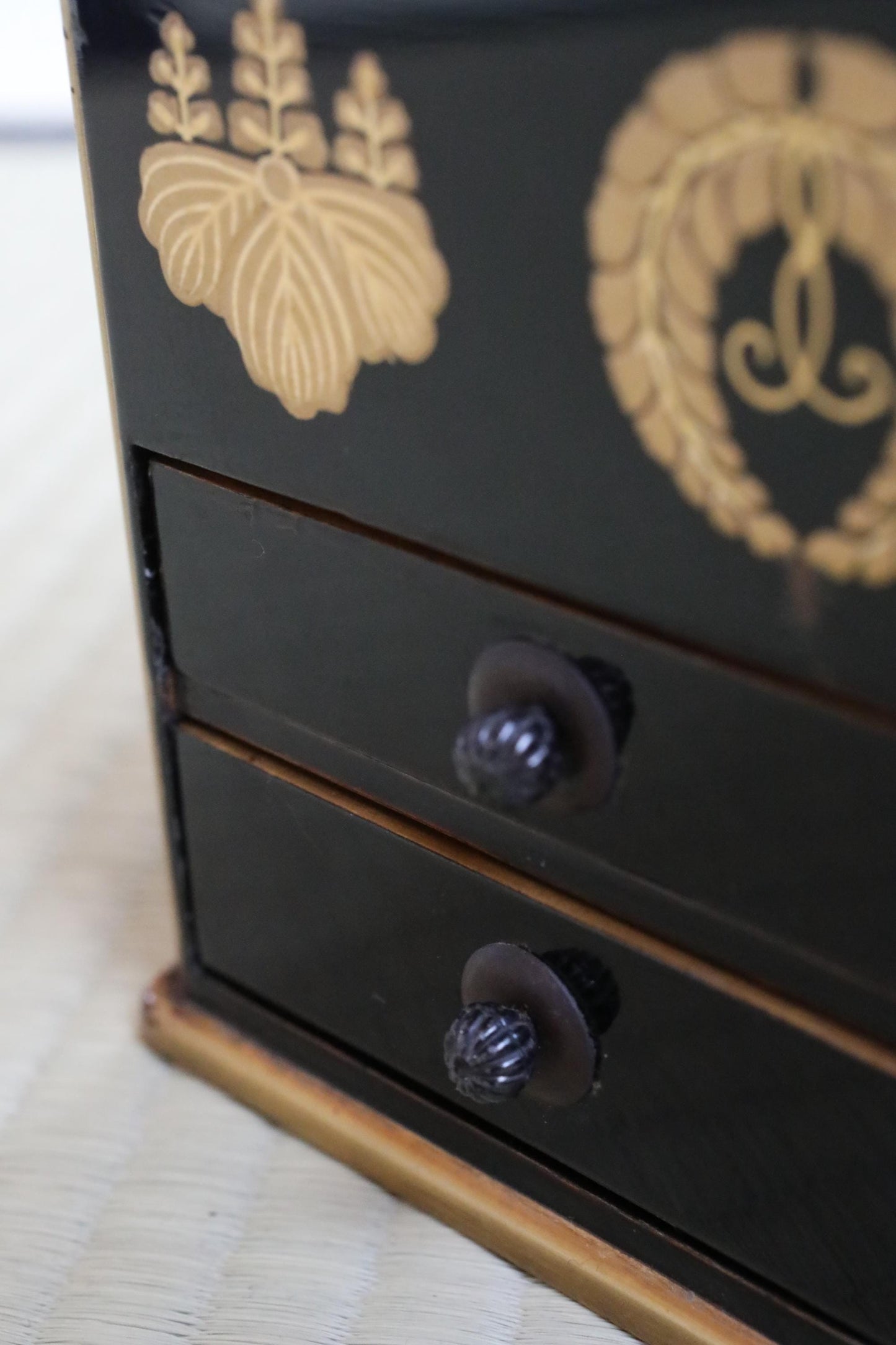 Japanese antique furniture buddhist Black lacquer Small Chest of drawers TANSU, gold MAKIE jewelry box urushi 1890s H6.5×W8.1in/H16.5×20.5cm