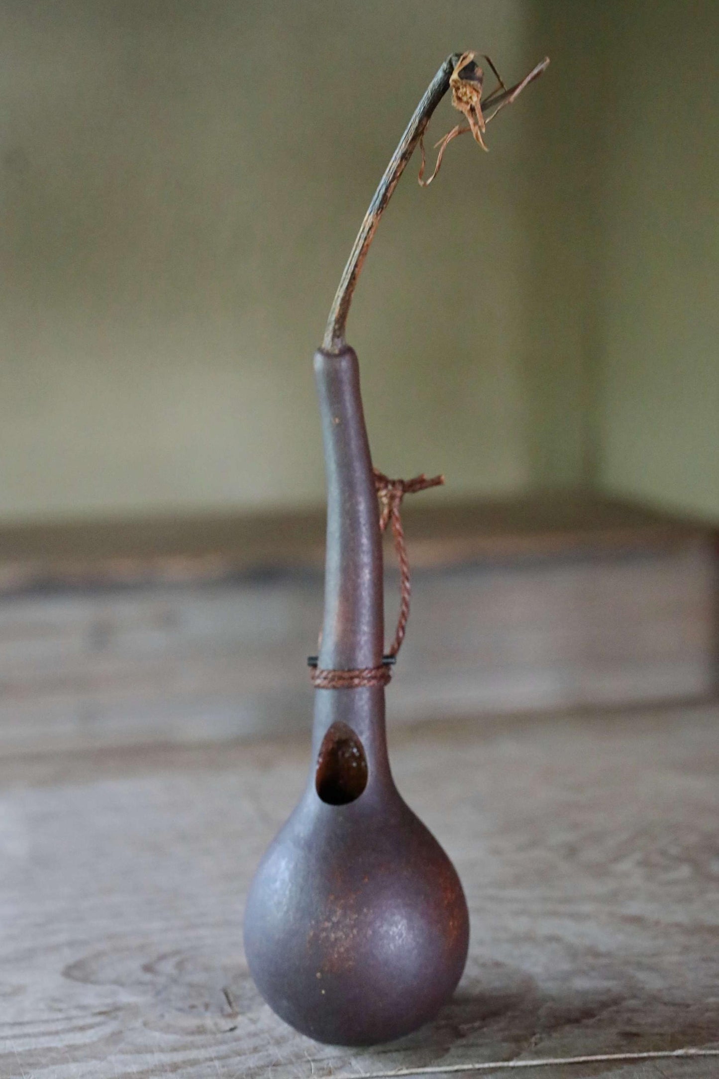 RARE! Japanese antique very light vase floral organs hand made of natural GOURD bottle with vine, wooden box, Tea ceremony H11×2.8in /28x7cm