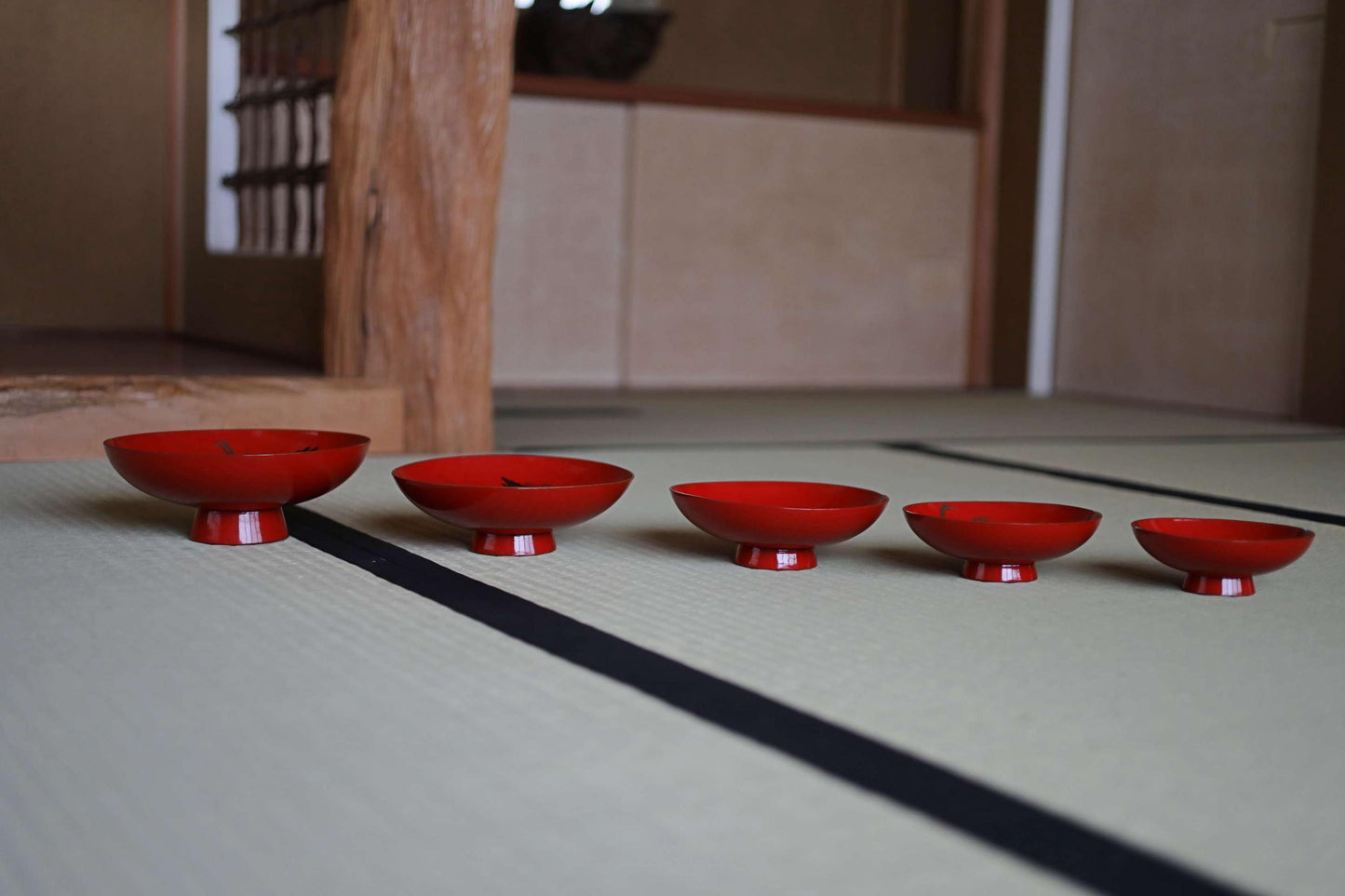 Set of 5 red gold lacquer MAKIE wooden sake cups with bards crane, Japanese Antique 1920s"sakazuki" with wooden box W8-5.1in H2.8-1.6in