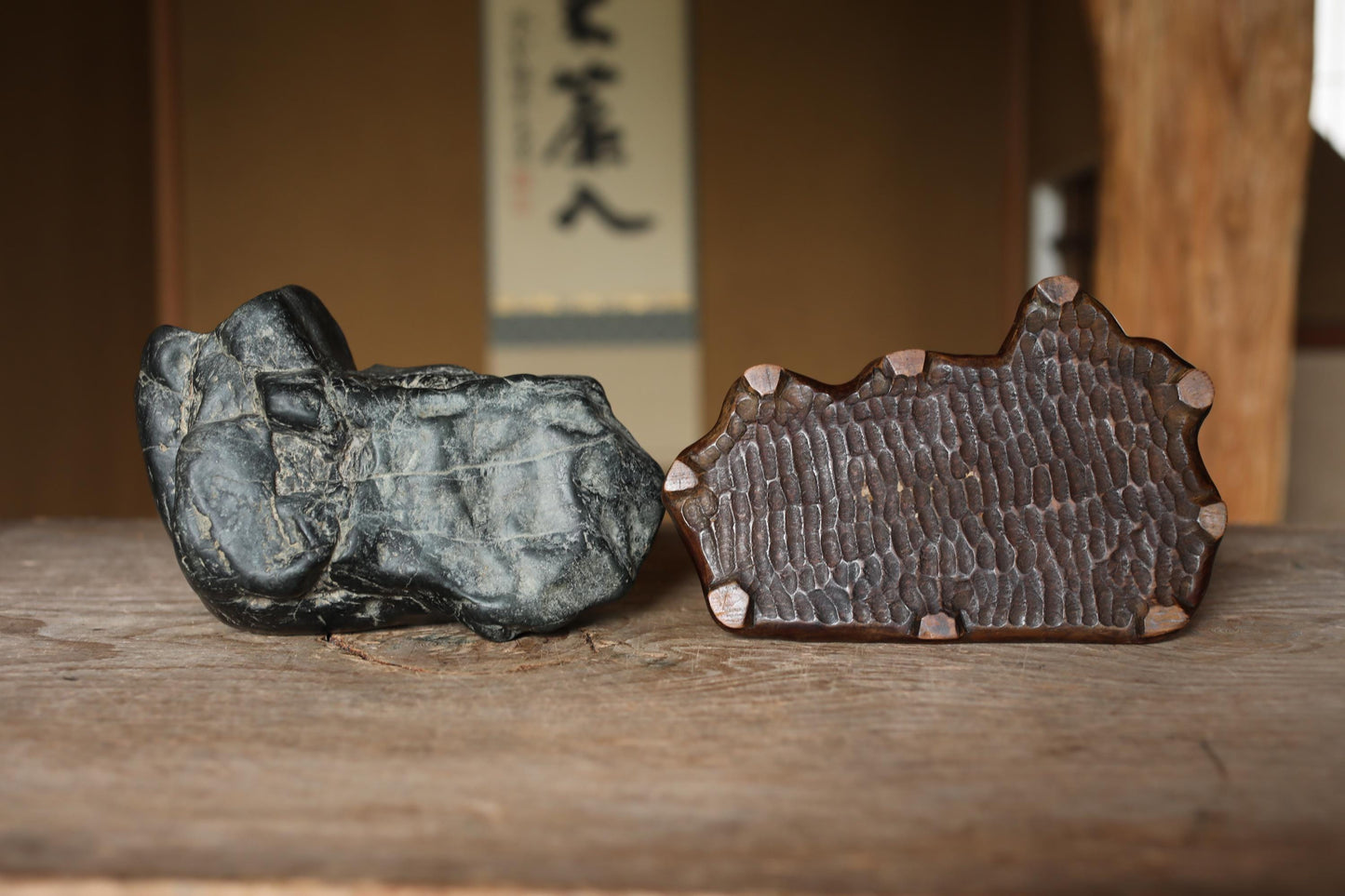Japanese old "SUISEKI" scholars stone, indoor viewing stone, Zen garden stone, with a hand carved pedestal H4.7 x W8.3in / 12 x 21cm