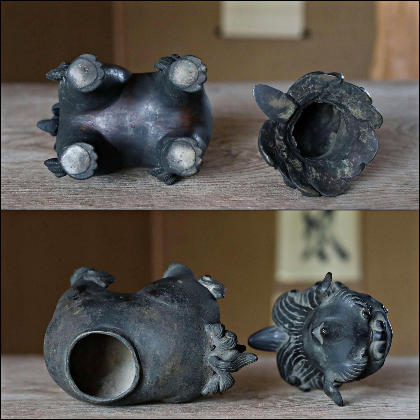FINE! Joseon Dynasty Japanese antique Bronze statue censer Koro shishi lion with wooden box, animal Incense burner 1800s H8.3in/H21cm