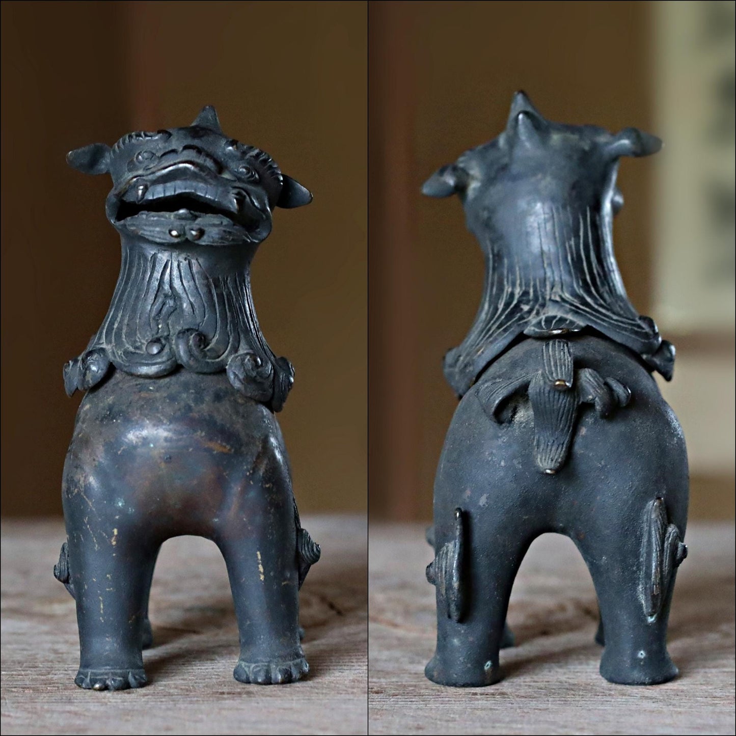 FINE! Joseon Dynasty Japanese antique Bronze statue censer Koro shishi lion with wooden box, animal Incense burner 1800s H8.3in/H21cm